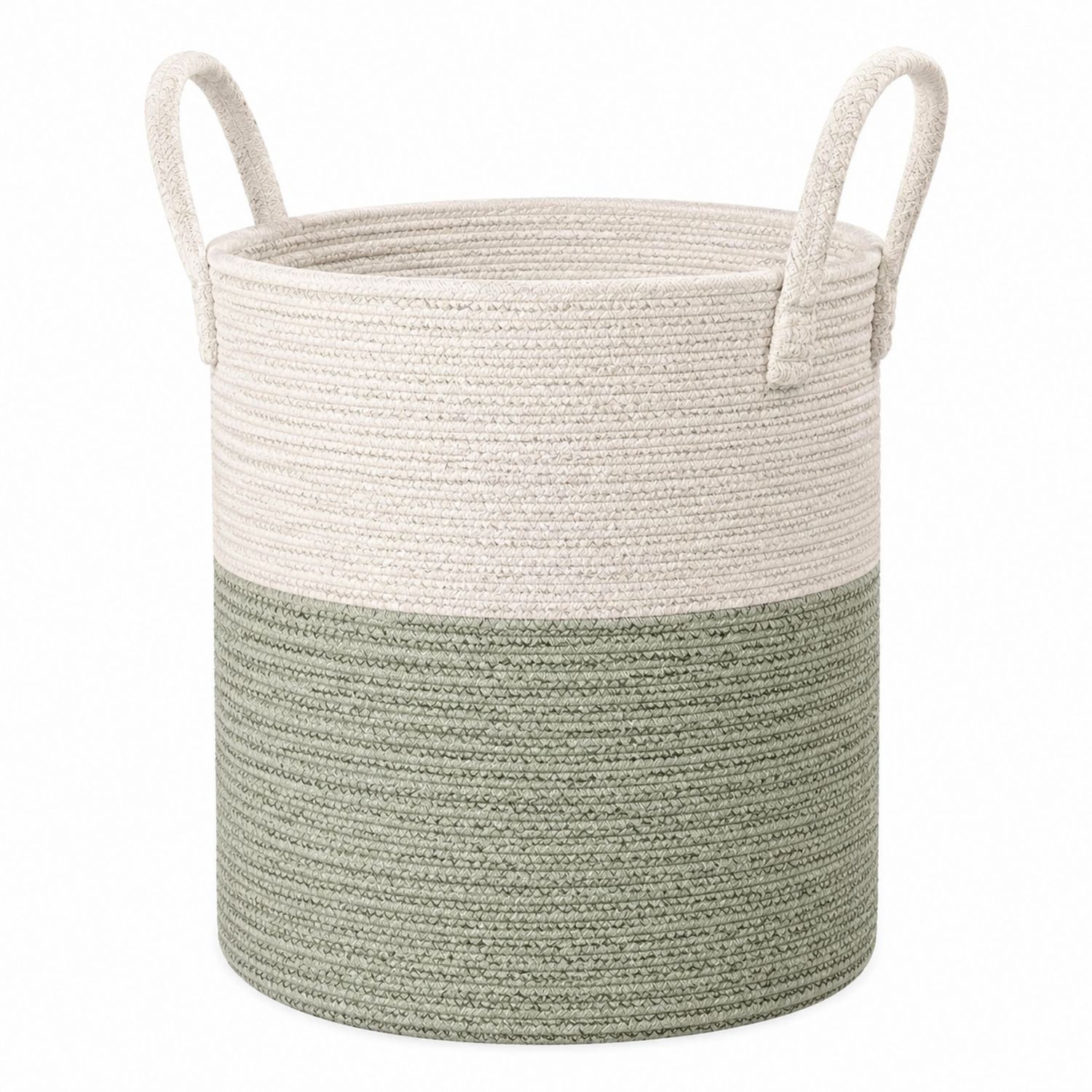 Cesta de Almacenamiento Cilíndrica Verde y Beige con Asas