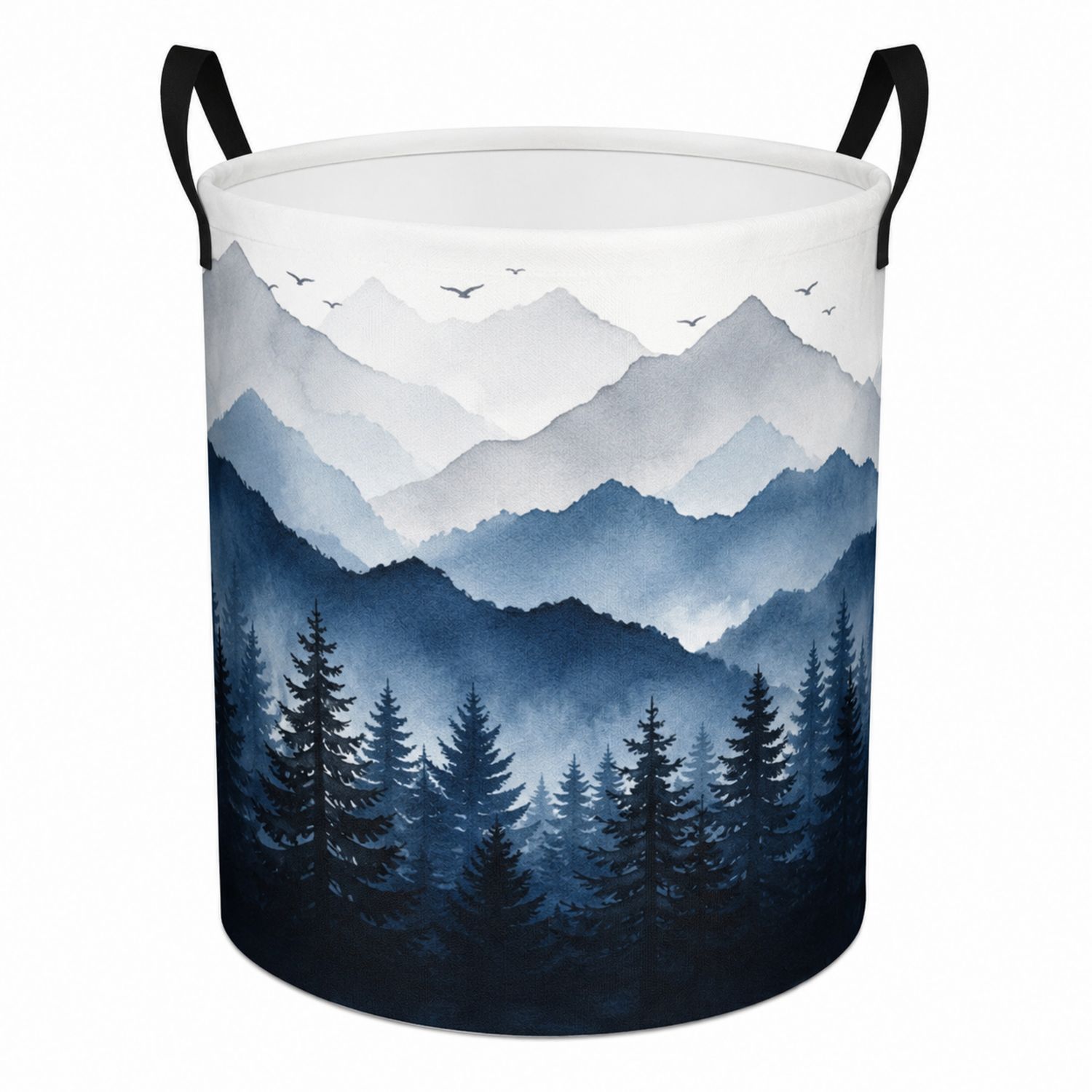 Cesta de Ropa Redonda Plegable con Estampado de Montañas en Azul y Blanco