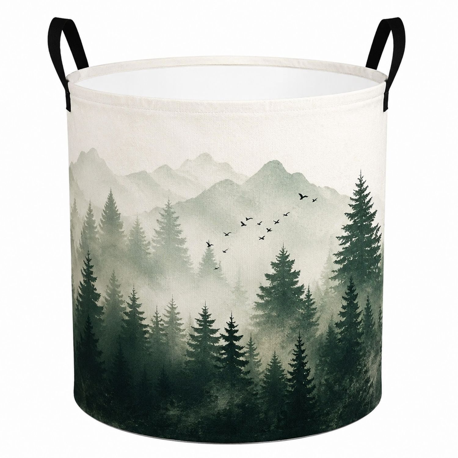 Cesto de Ropa Plegable con Estampado Forestal, Verde/Beige, 60L, 40x50cm