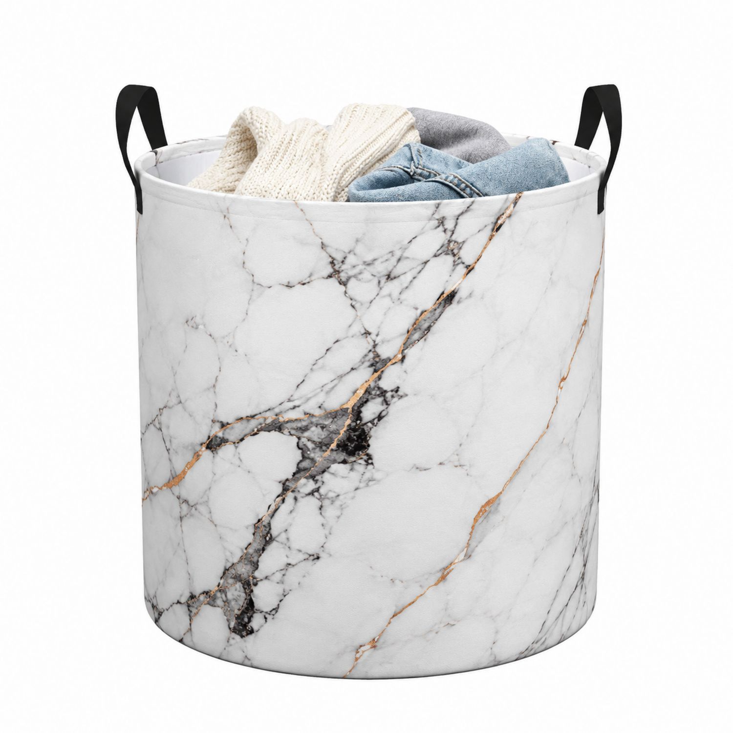 Cesto de Ropa Redondo Diseño Mármol 60L Blanco y Negro