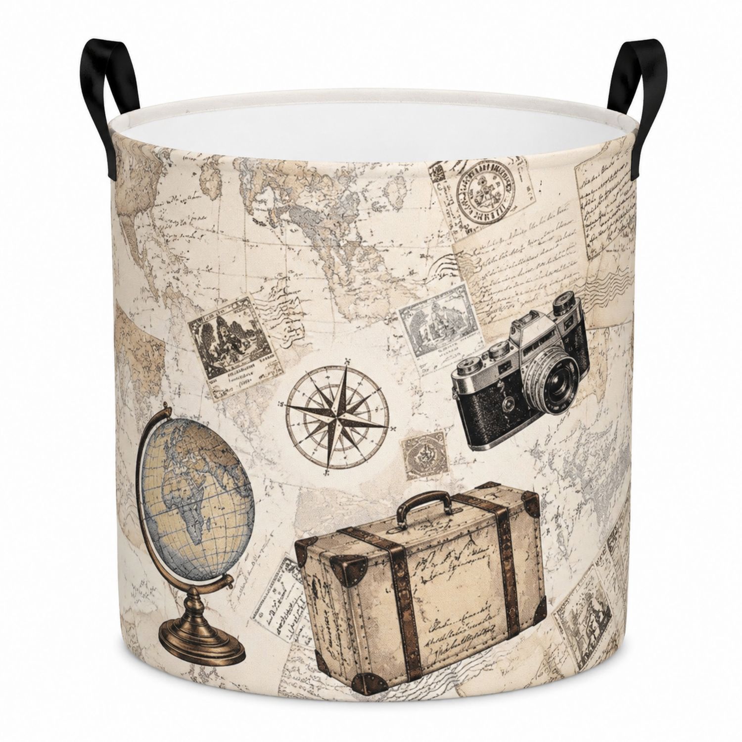 Cesta de Almacenaje Redonda Vintage con Estampado de Mapa y Asas
