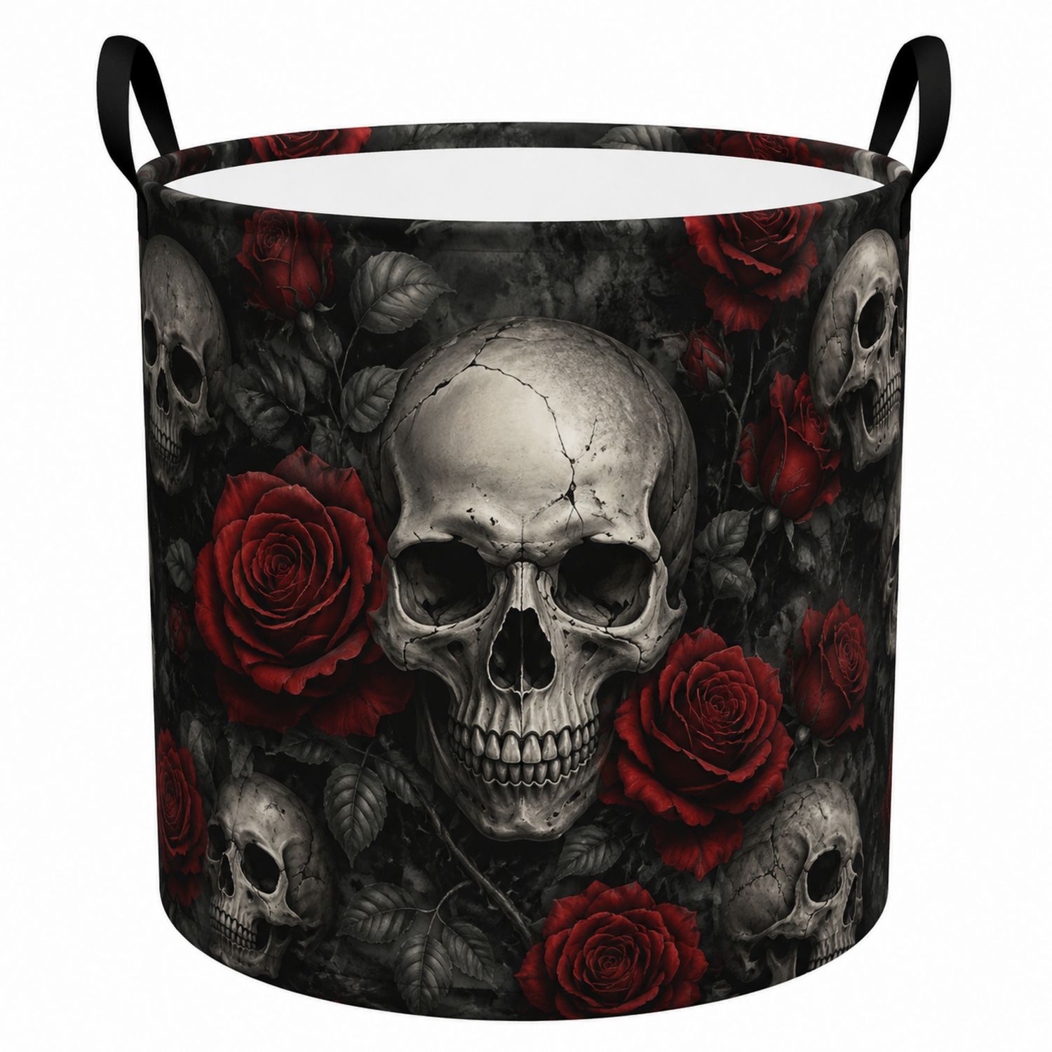 Cesto de Ropa Redondo Calaveras y Rosas 45L Negro/Rojo