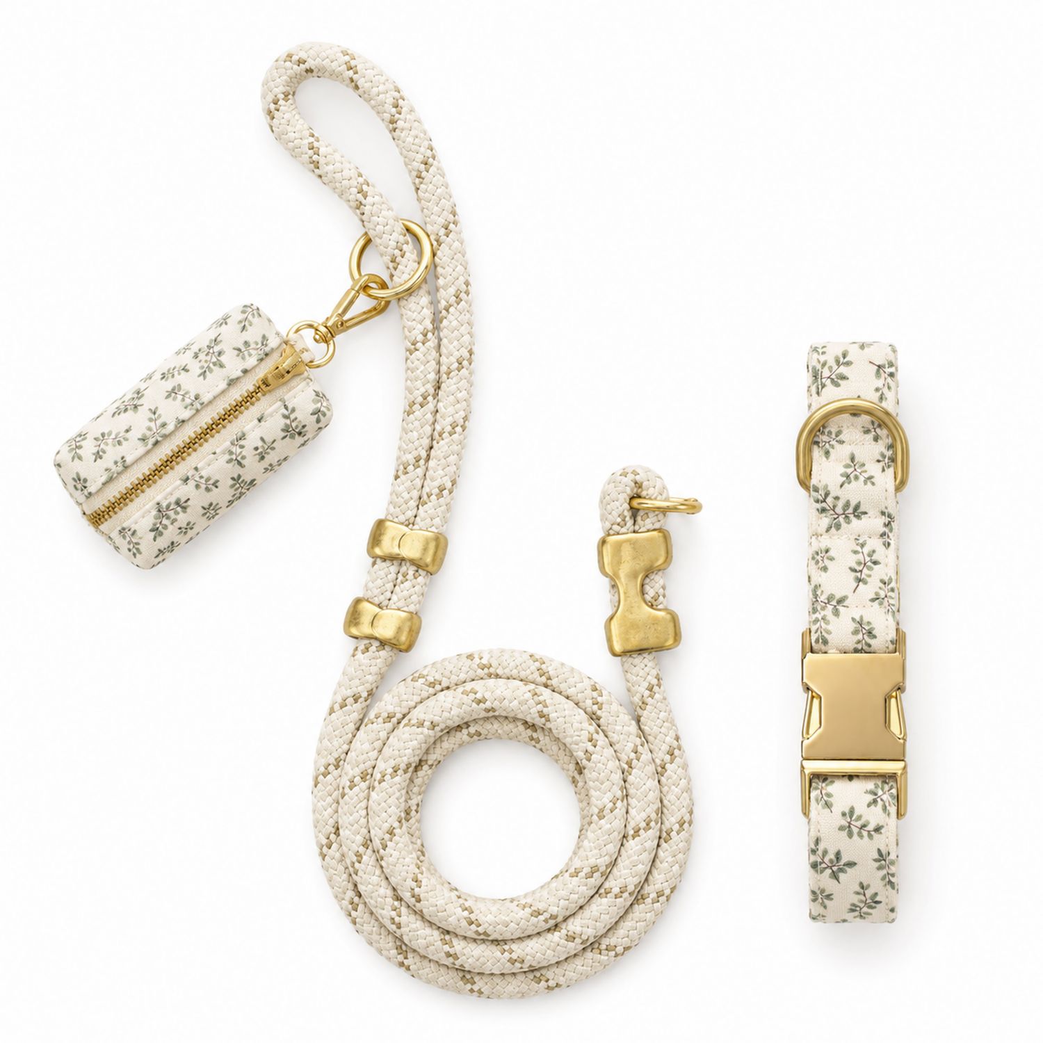 Ensemble de Laisse et Collier pour Chien Motif Floral Crème/Doré