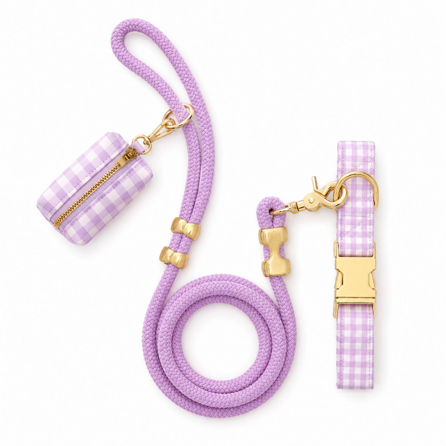 Ensemble de laisse et collier lavande avec pochette et détails dorés