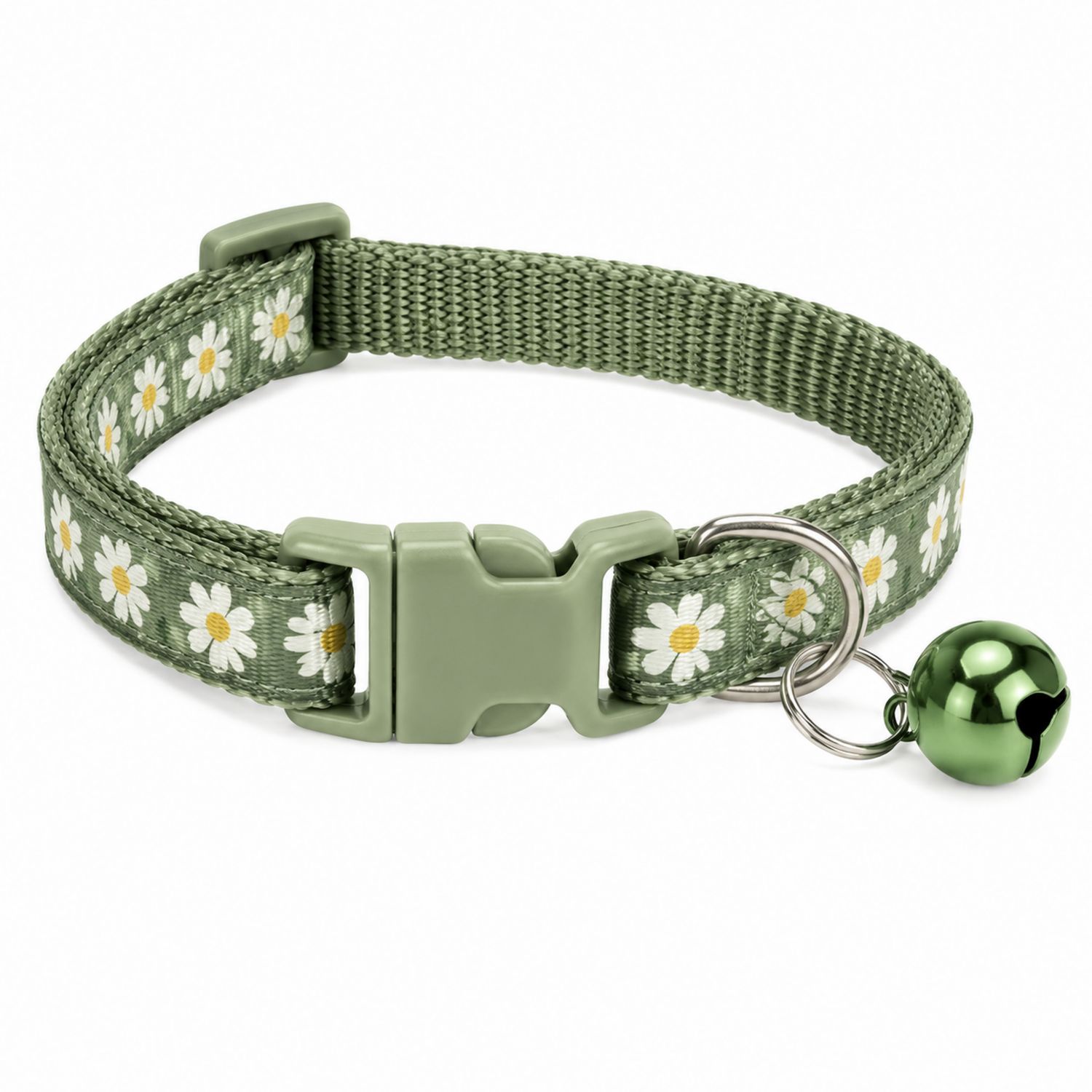 Collier pour chat réglable vert avec clochette et motif marguerites