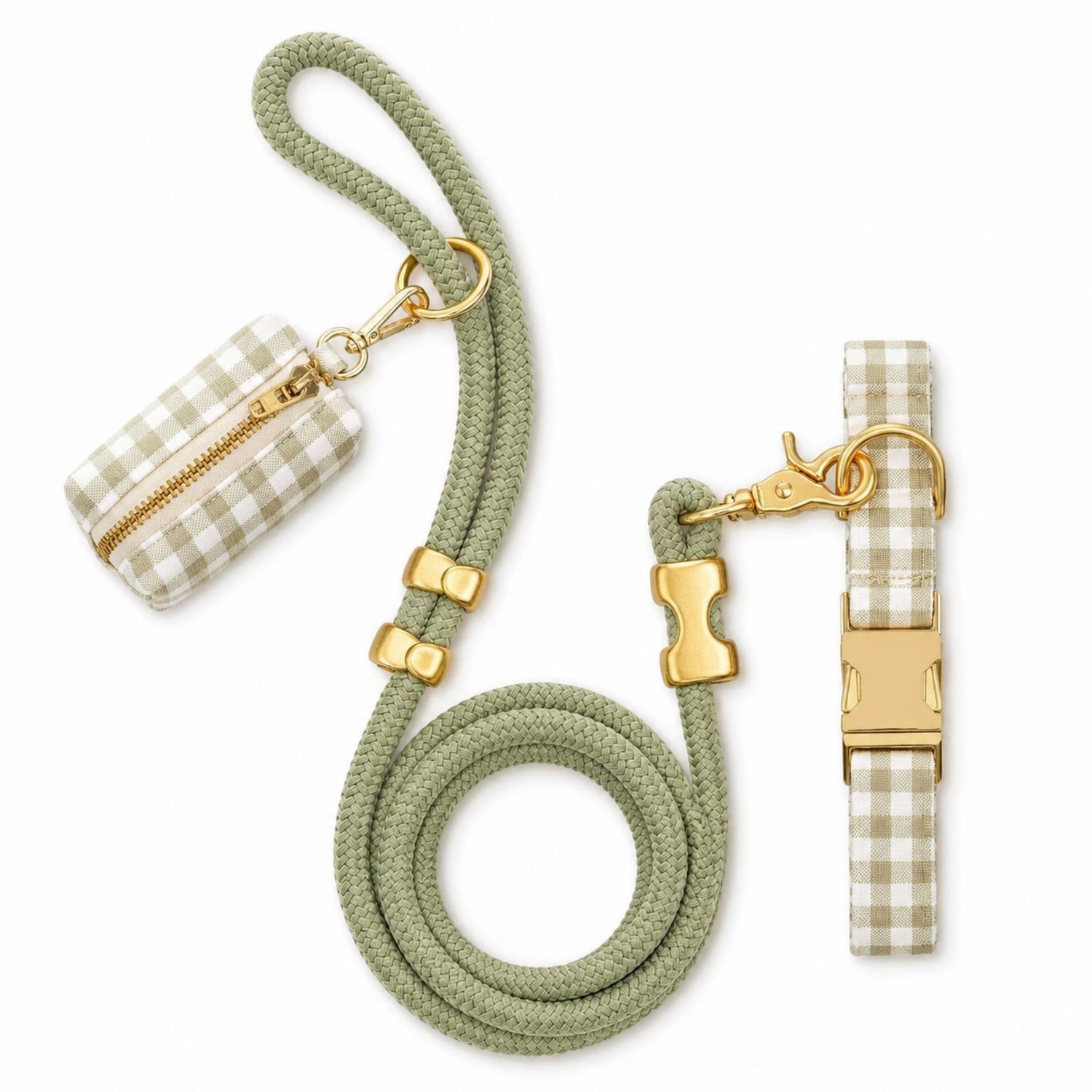 Ensemble Laisse et Collier pour Chien avec Pochette à Carreaux Vert Clair