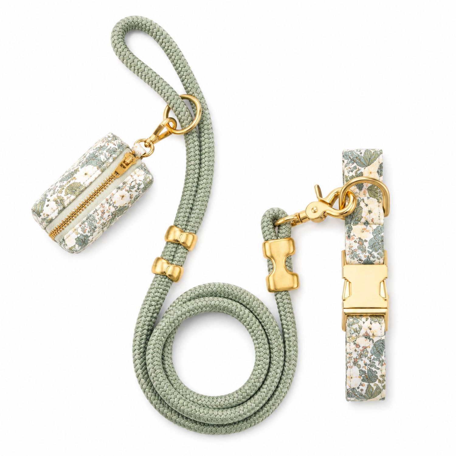 Ensemble Laisse et Collier pour Chien avec Pochette Florale Vert Doré