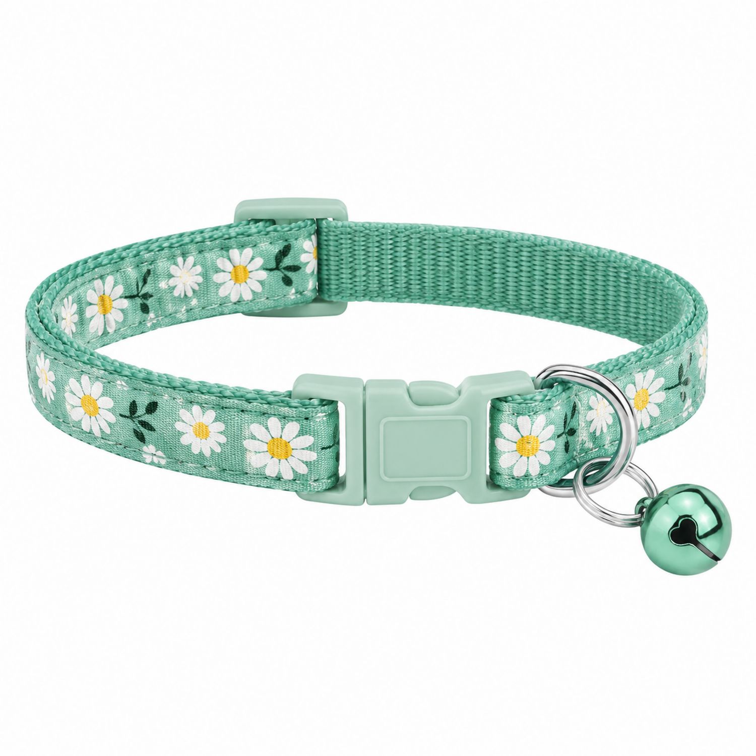 Collier pour chat vert motif marguerite réglable avec clochette