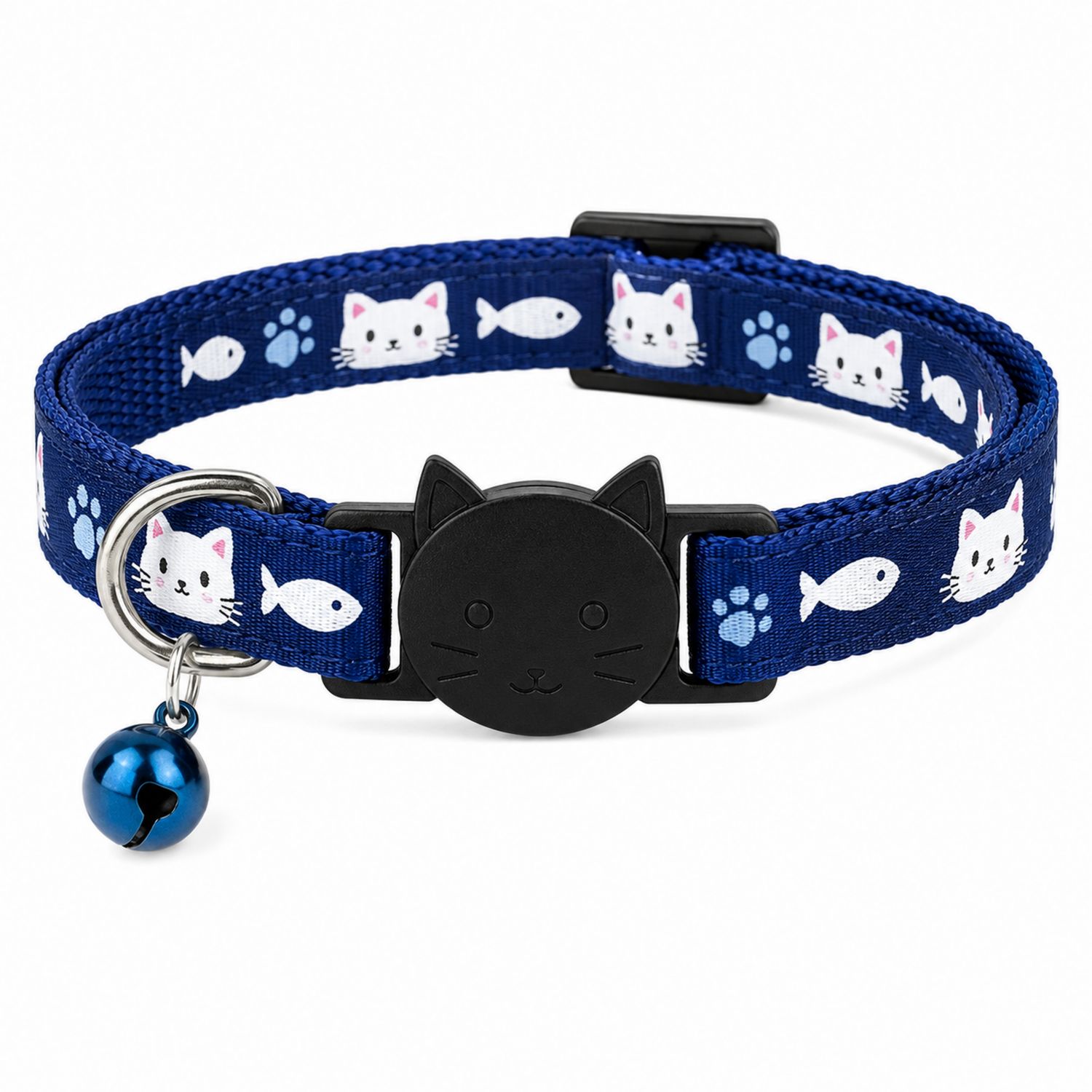 Collier pour chat bleu ajustable avec clochette et motifs de chats
