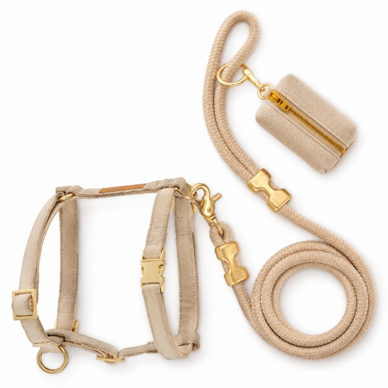 Set Harnais et Laisse pour Chien Beige avec Placage Doré