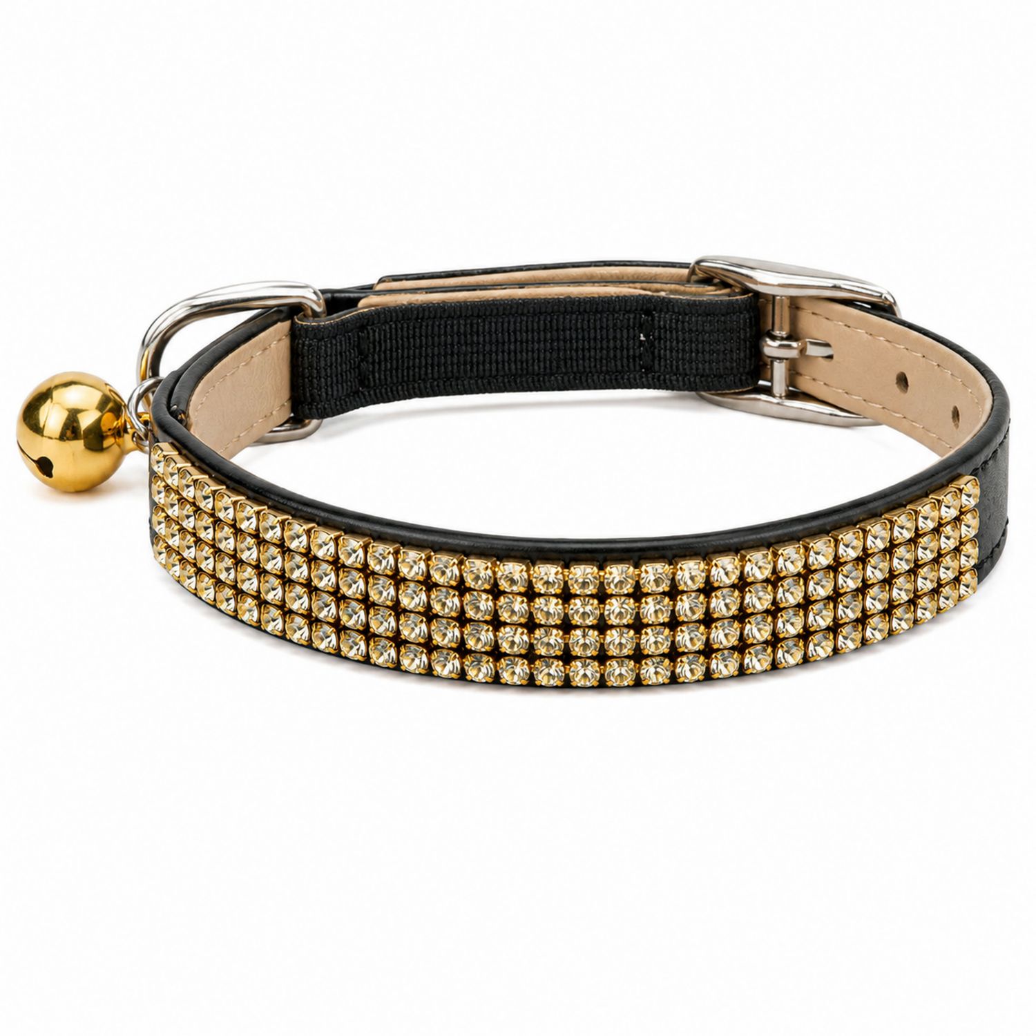 Collier pour chat avec strass et grelot doré - Noir et Or