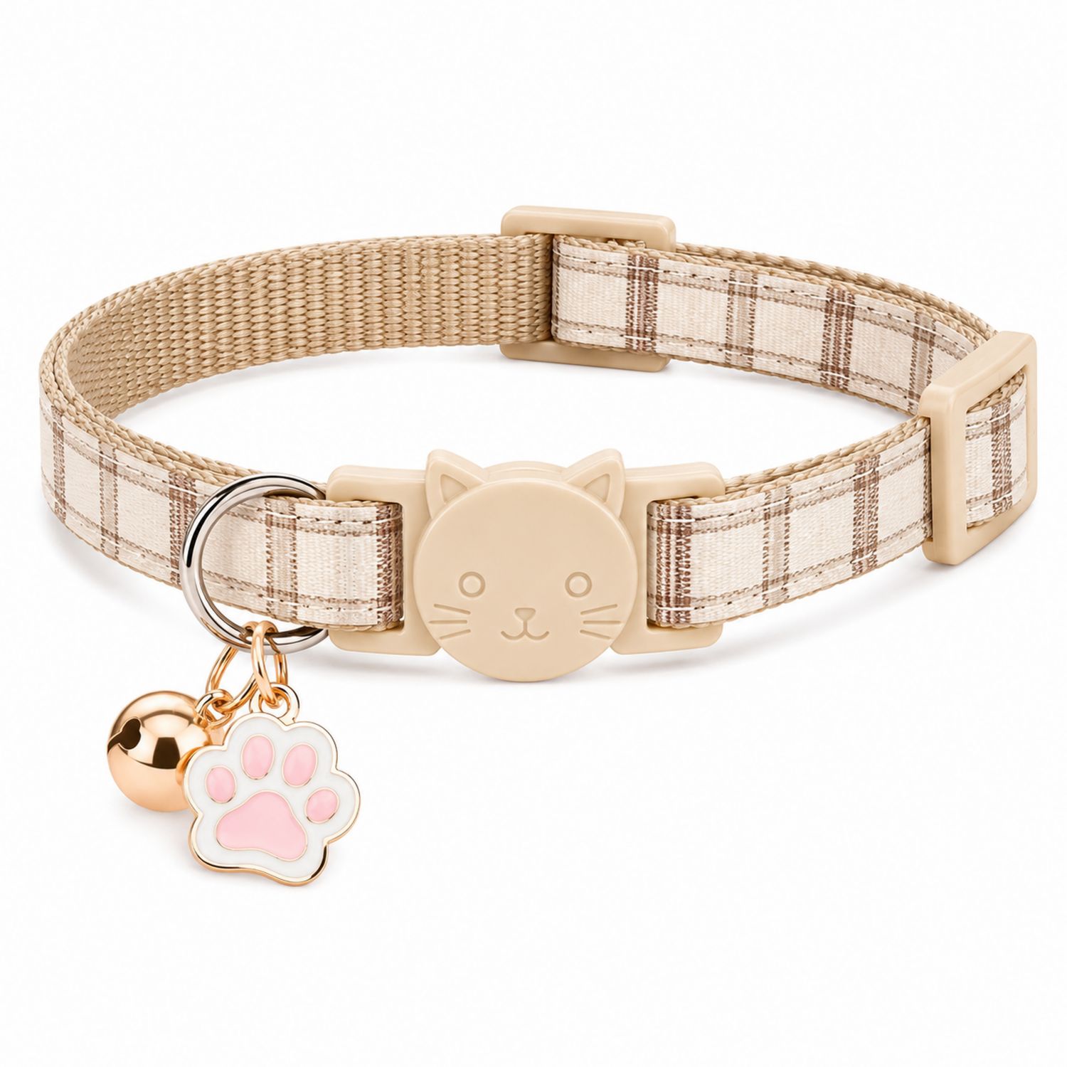 Collier pour chat à motif carreaux avec clochette beige
