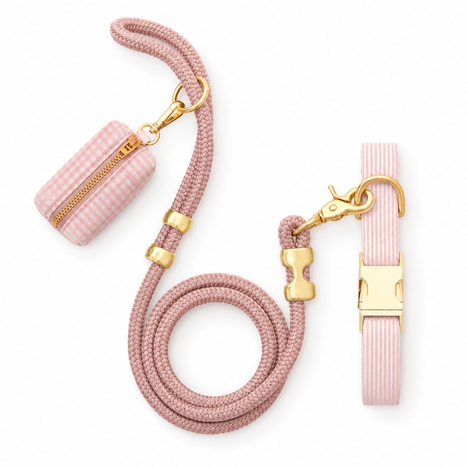 Ensemble laisse et collier rose avec pochette pour chien