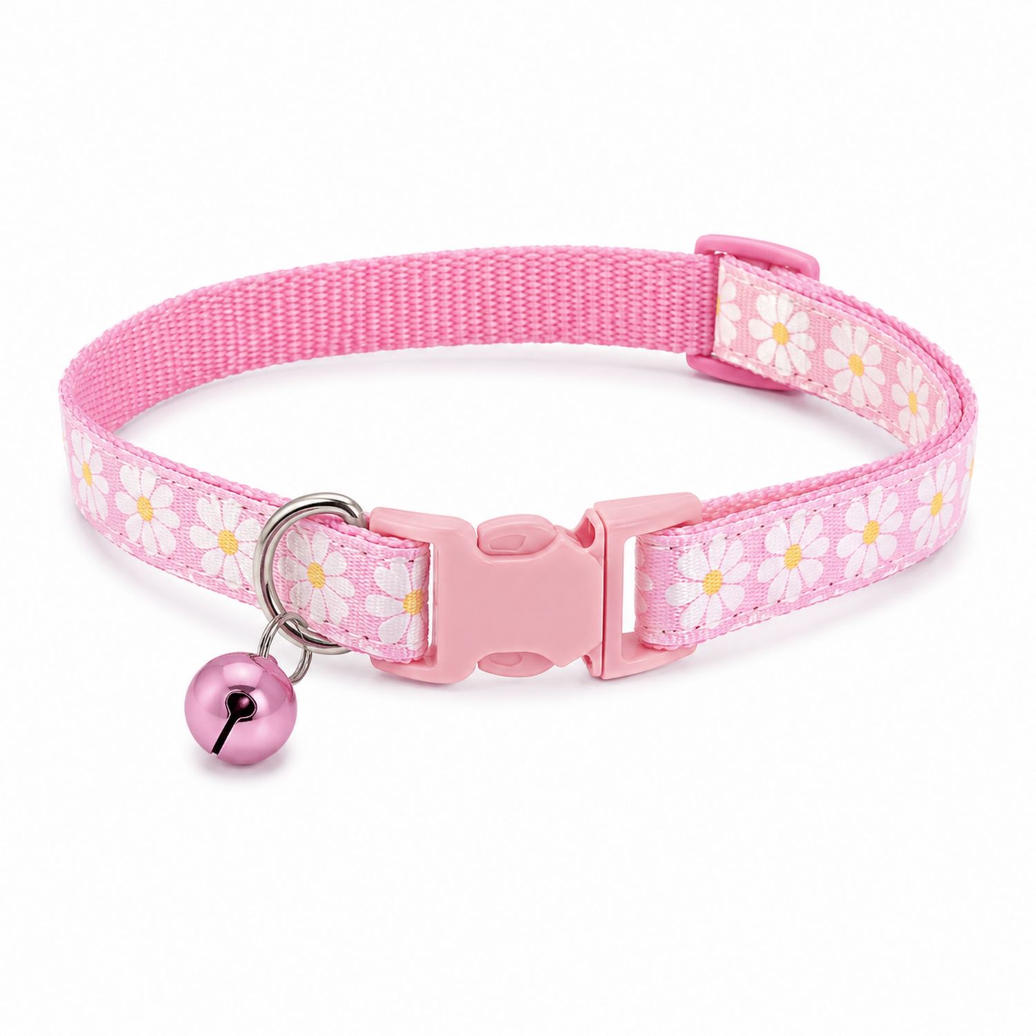 Collier rose pour chat avec marguerites et clochette