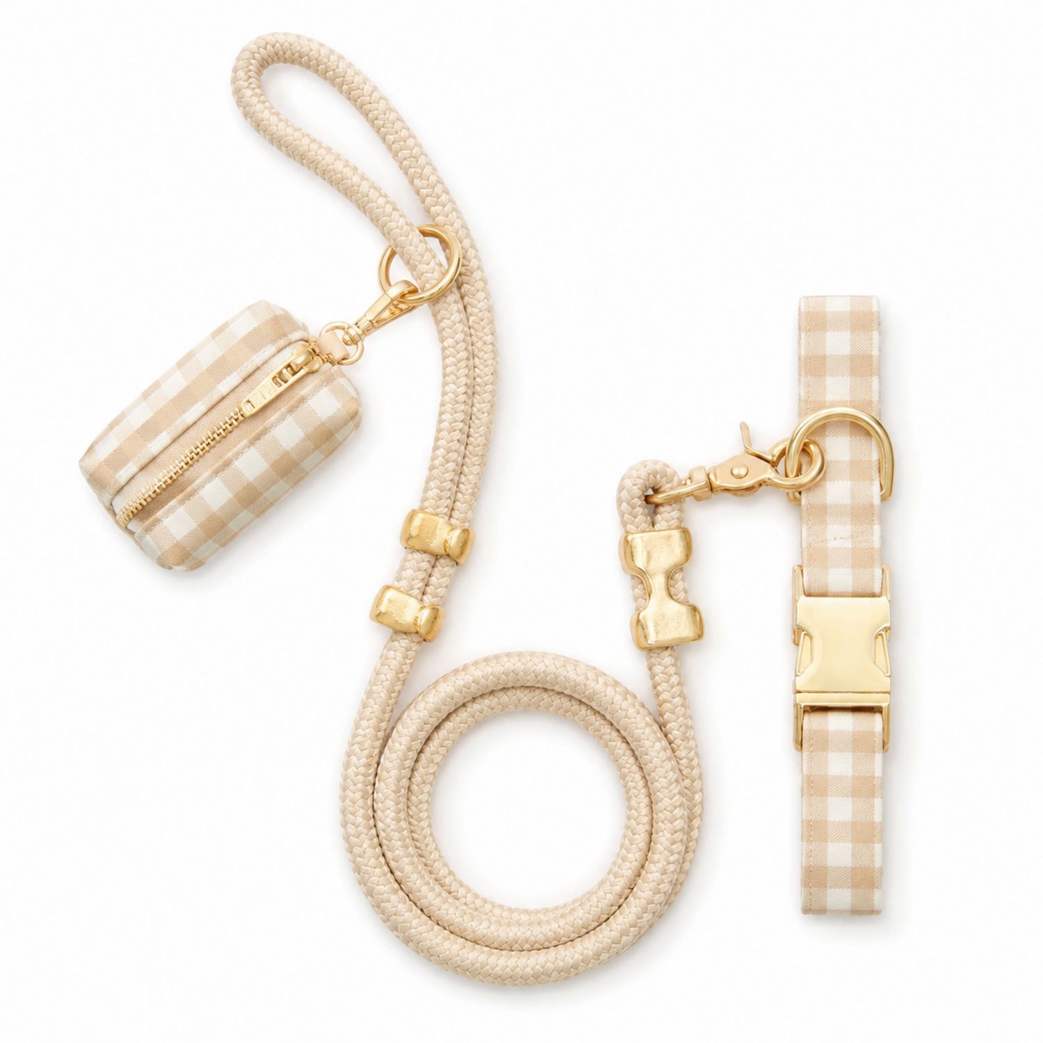 Ensemble Laisse et Collier pour Chiens avec Pochette Motif Carreaux Beige
