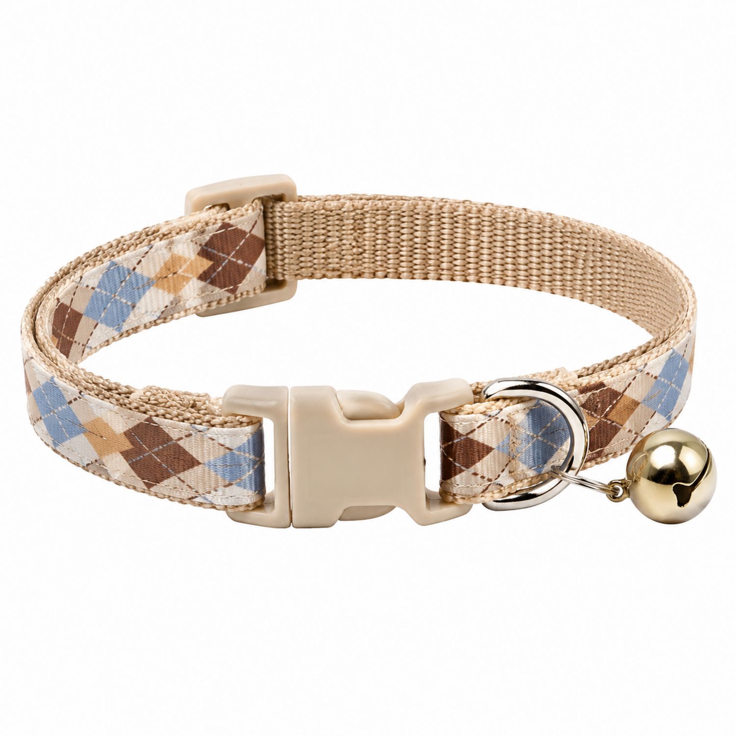 Collier pour chat motif argyle avec cloche - Beige/Bleu/Marron