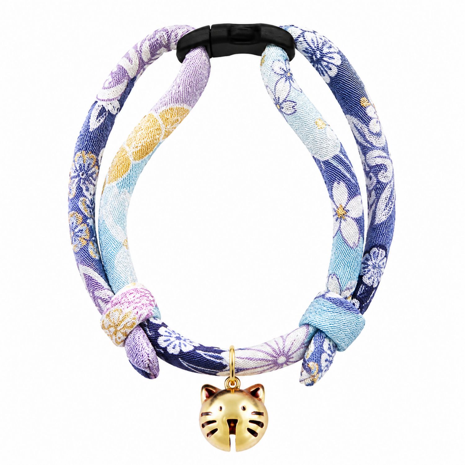 Collier pour animaux avec motif floral en bleu et violet et clochette dorée