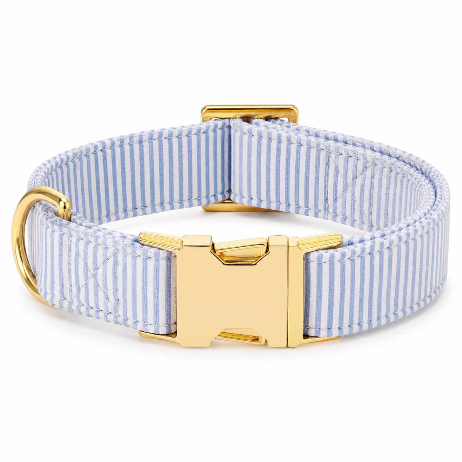 Collier pour chien bleu à rayures avec boucle dorée
