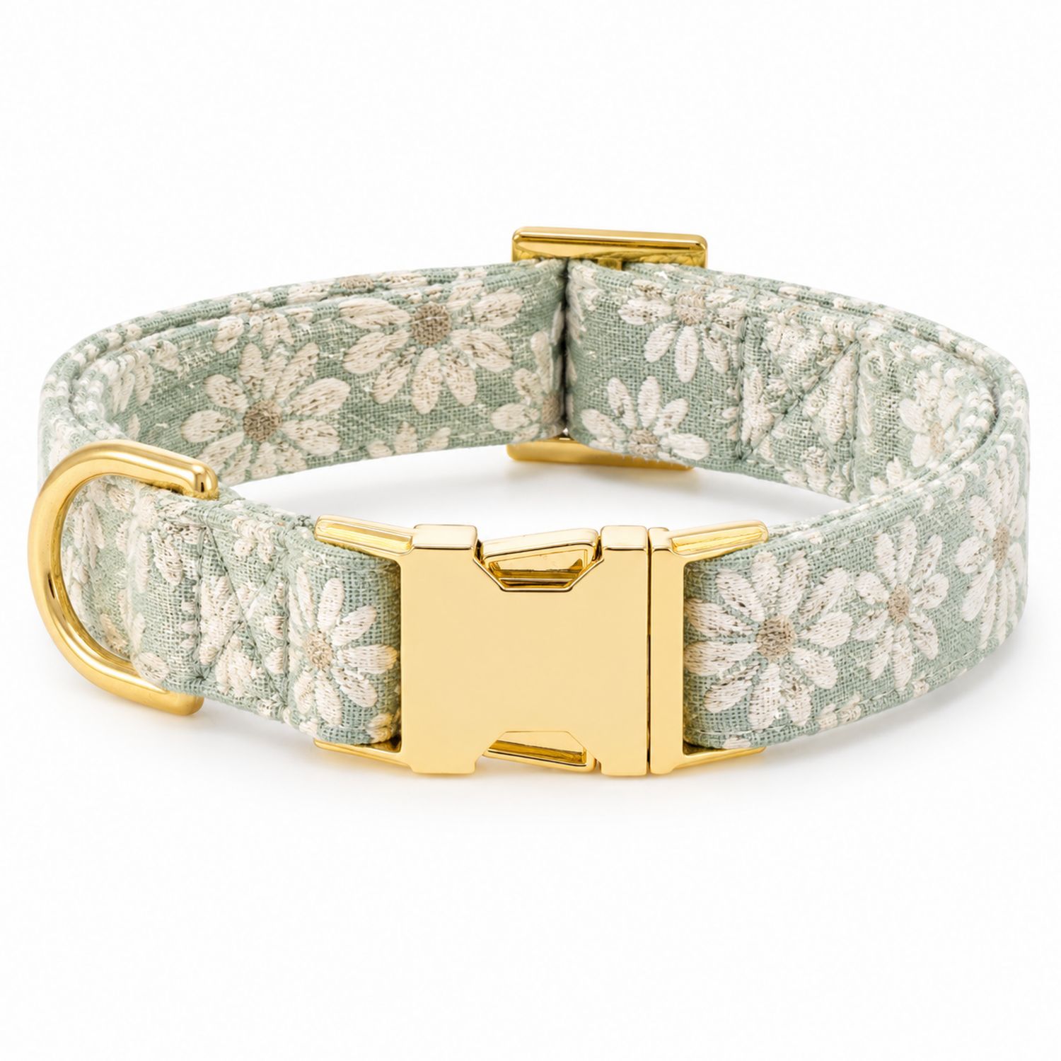 Collier pour Chien Vert Motif Floral avec Boucle Dorée