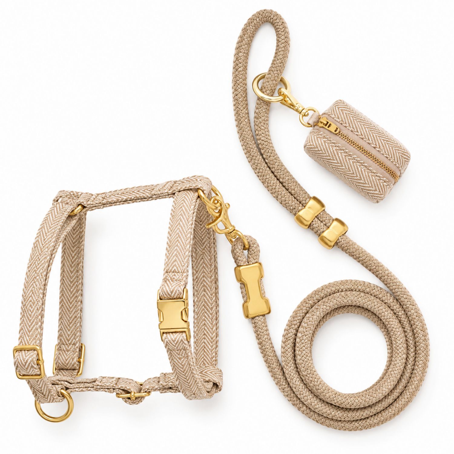 Ensemble harnais et laisse pour chien beige avec pochette et accessoires dorés