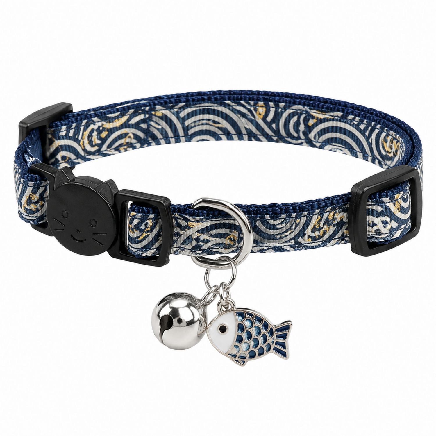 Collier pour chat réglable avec motif bleu et pendentif poisson