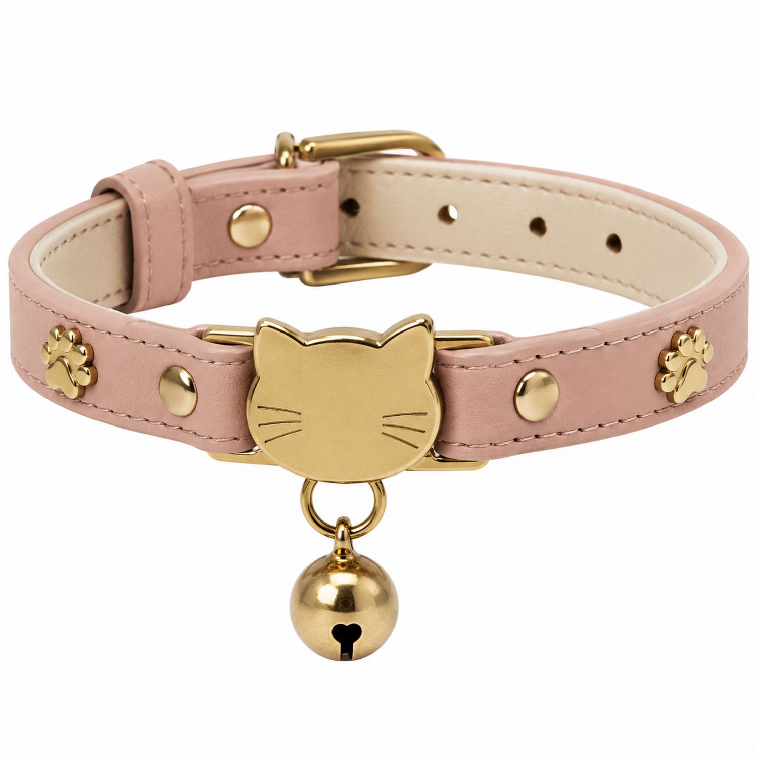 Collier pour chat rose avec pendentif tête de chat et cloche dorée