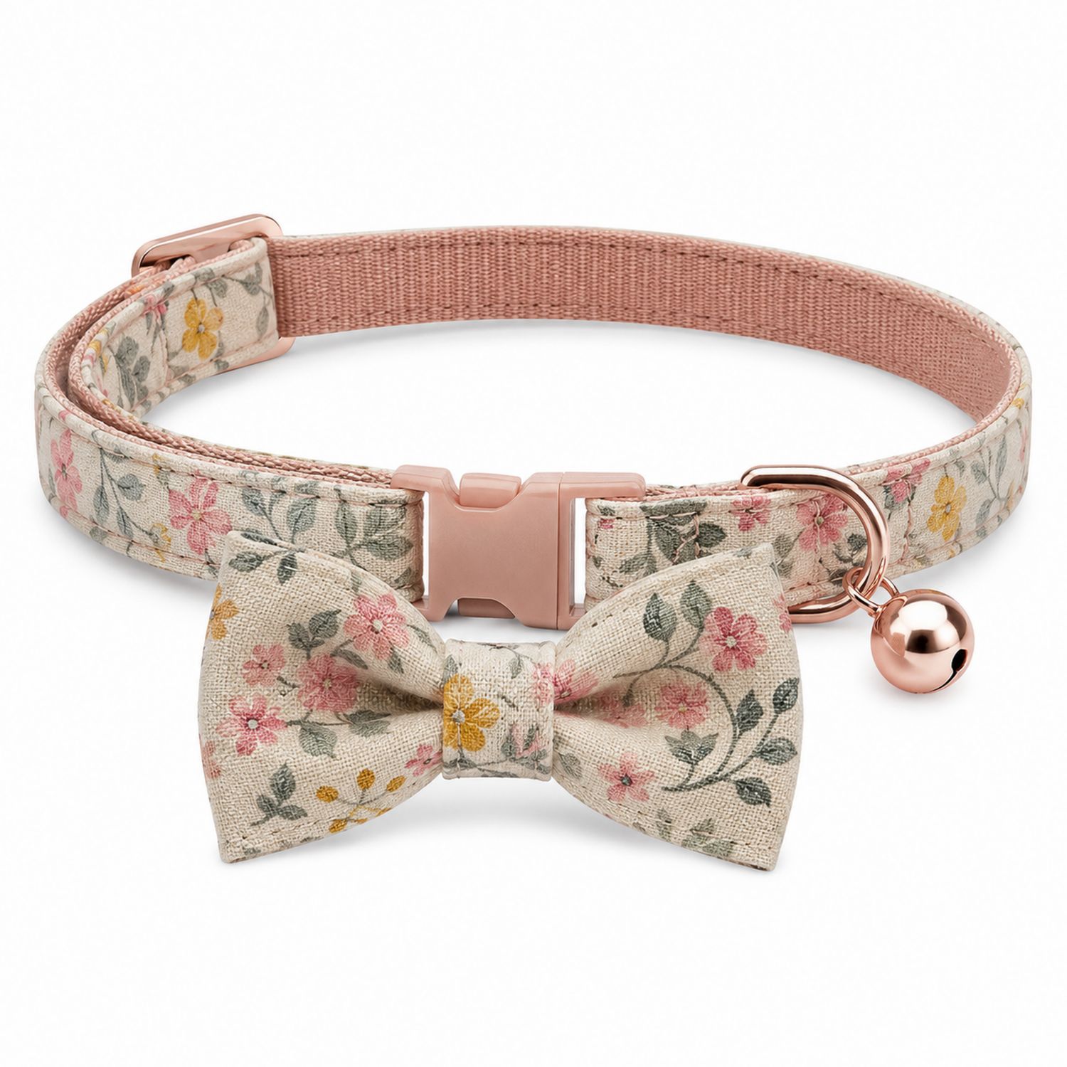 Collier pour chat avec nœud papillon fleuri beige et rose