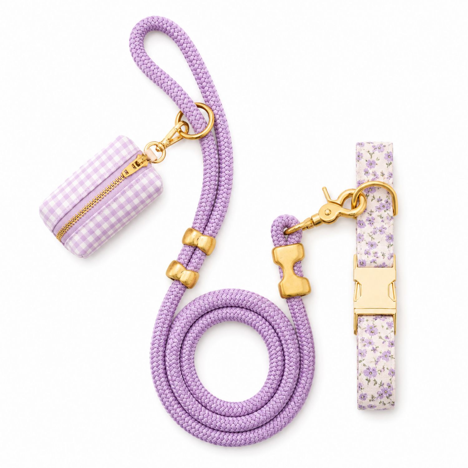 Ensemble Laisse et Collier pour Chien avec Pochette Vichy Violette