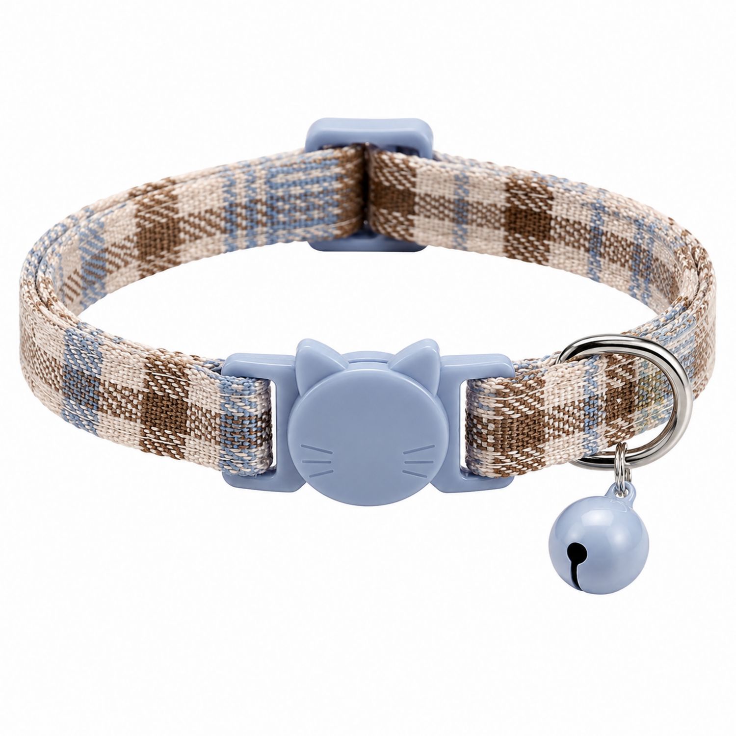 Collier réglable pour chat à motif carreaux marron et bleu avec cloche