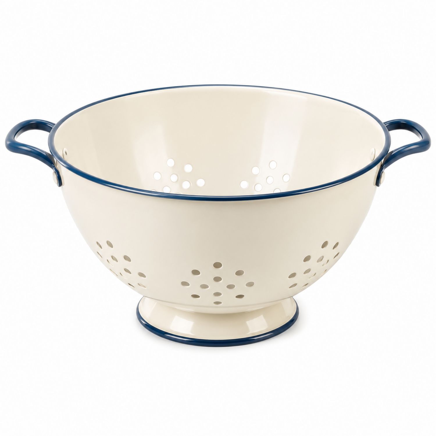 Scolapasta in Metallo Crema con Manici Blu