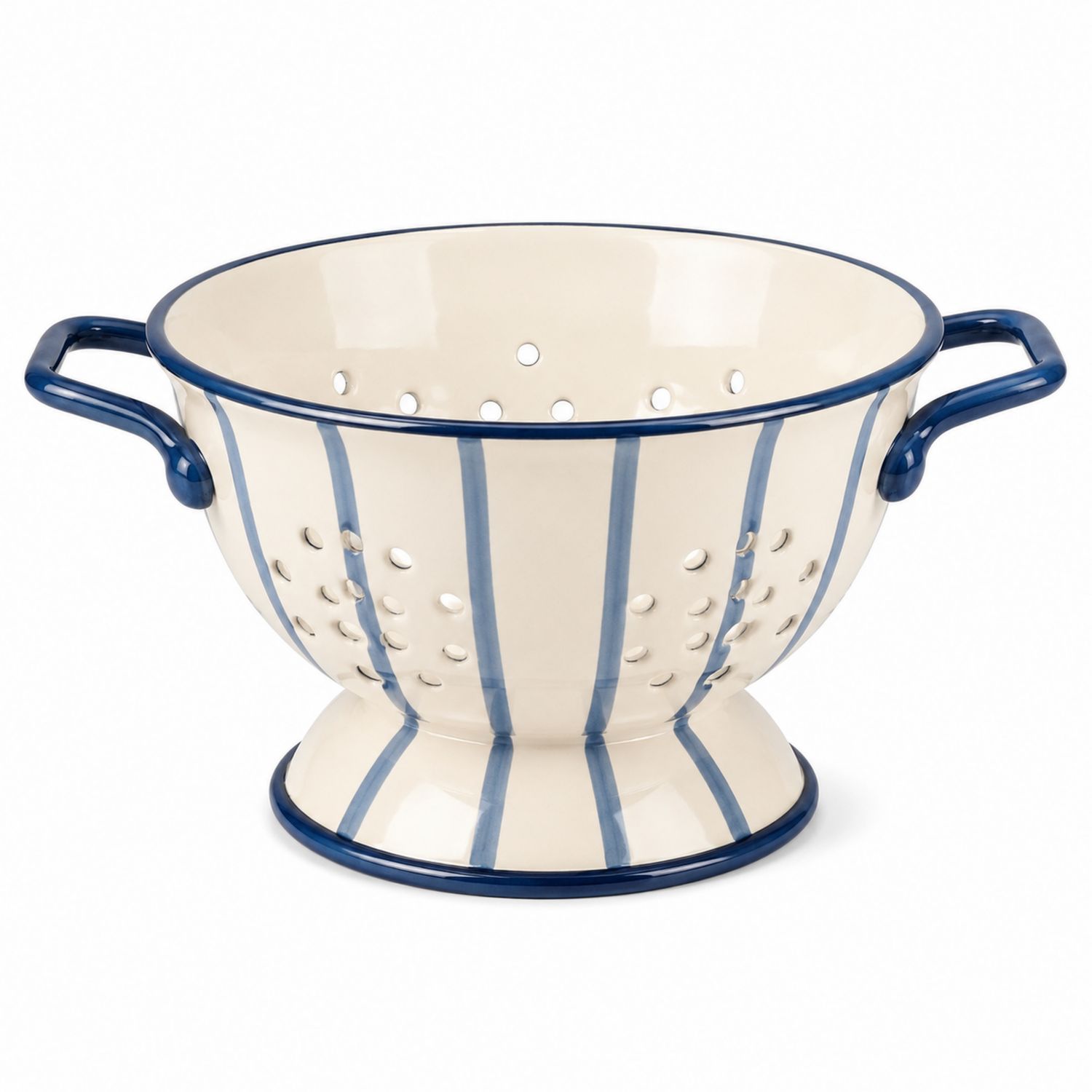 Scolapasta in Ceramica a Strisce Bianche e Blu