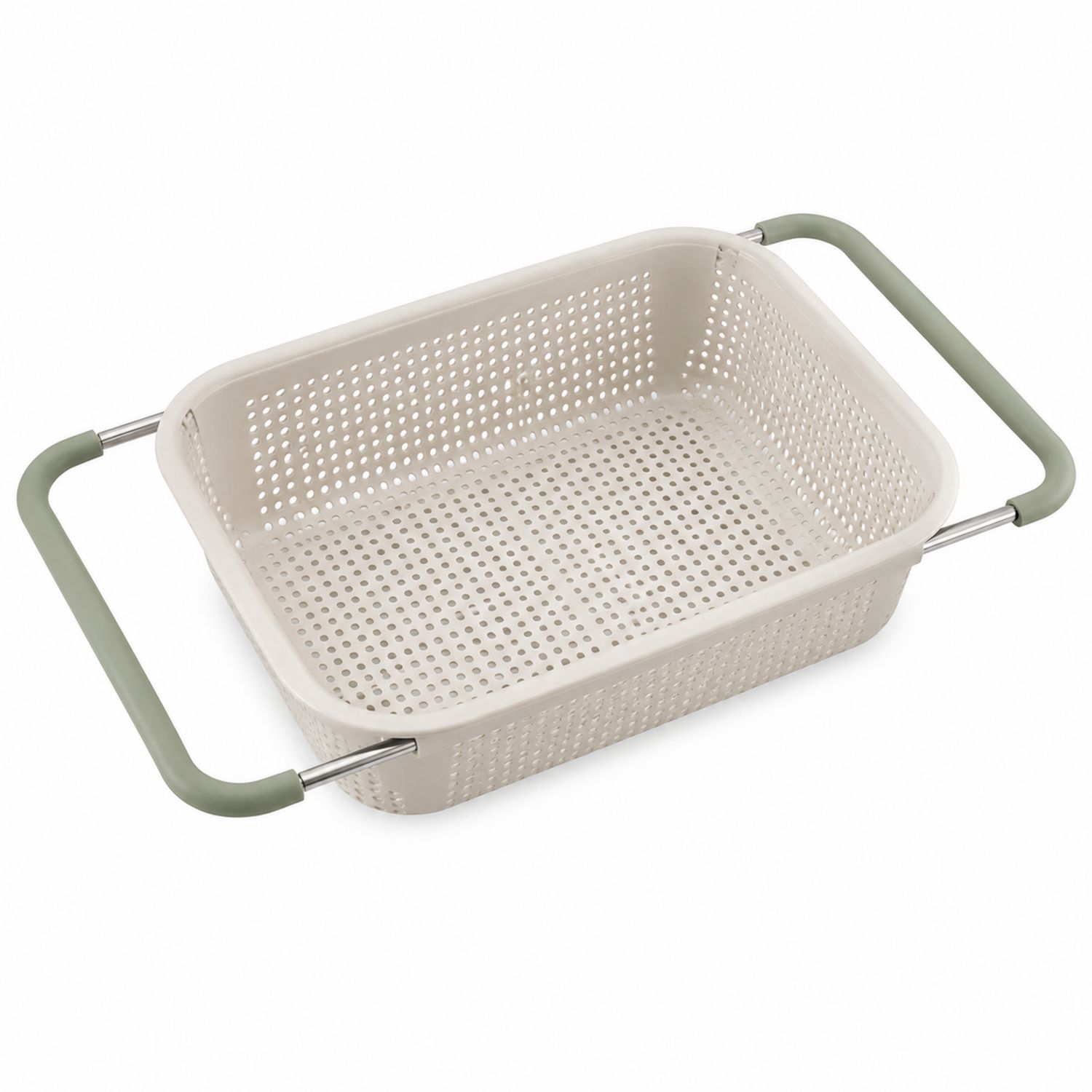 Scolapasta rettangolare con manici estensibili beige e verde