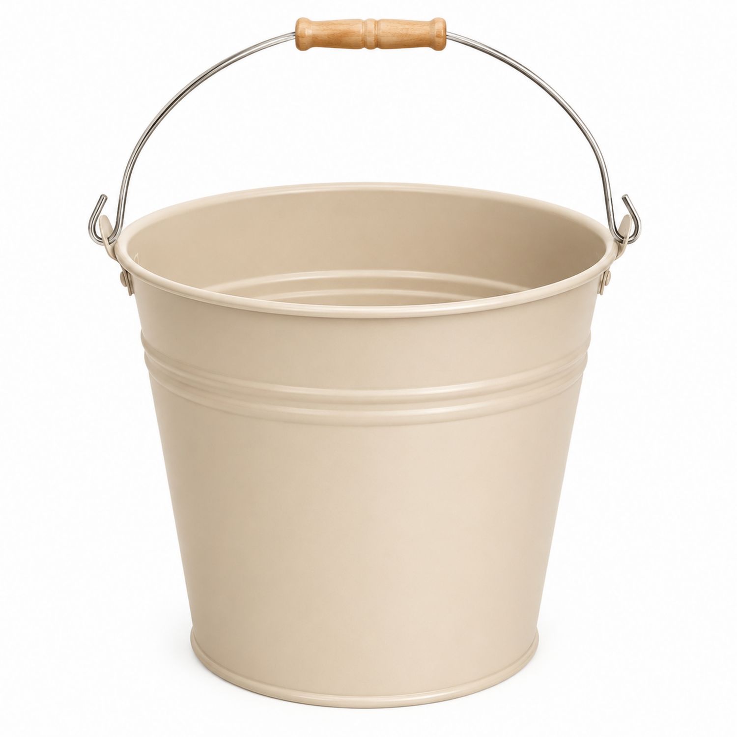 Seau cylindrique beige avec anse en bois