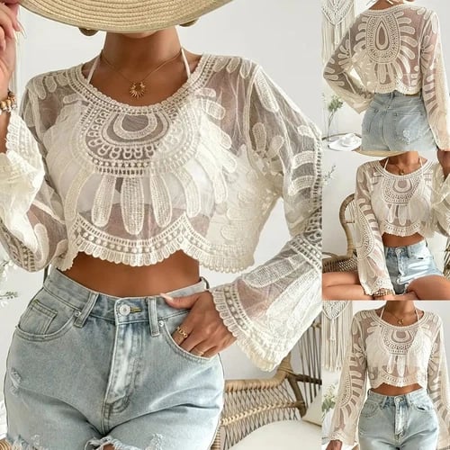 Longsleeved Crochet Smock Top for Women Breathable Lace Shirt for Warm Days - Picture 1 of 12