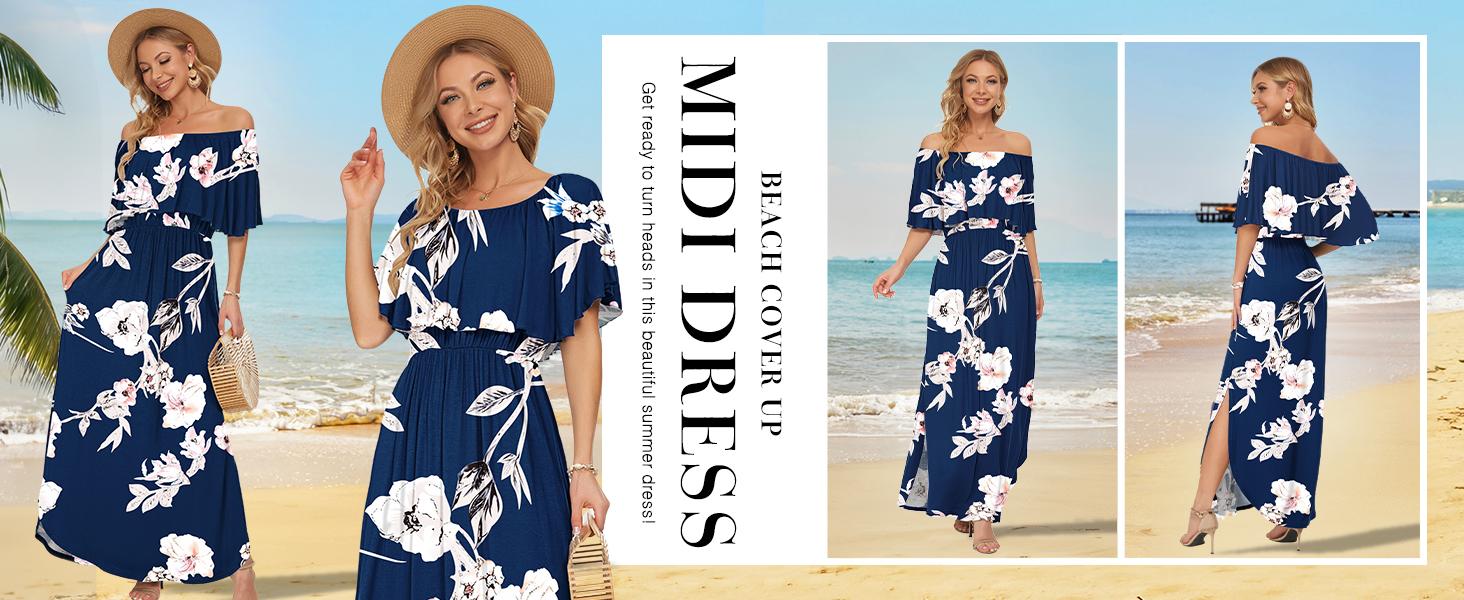 AUSELILY Womens Off The Shoulder Dress Wedding Guest Dress Summer Casual Long Ruffle Party Side Split Beach Maxi Dresses with Pockets