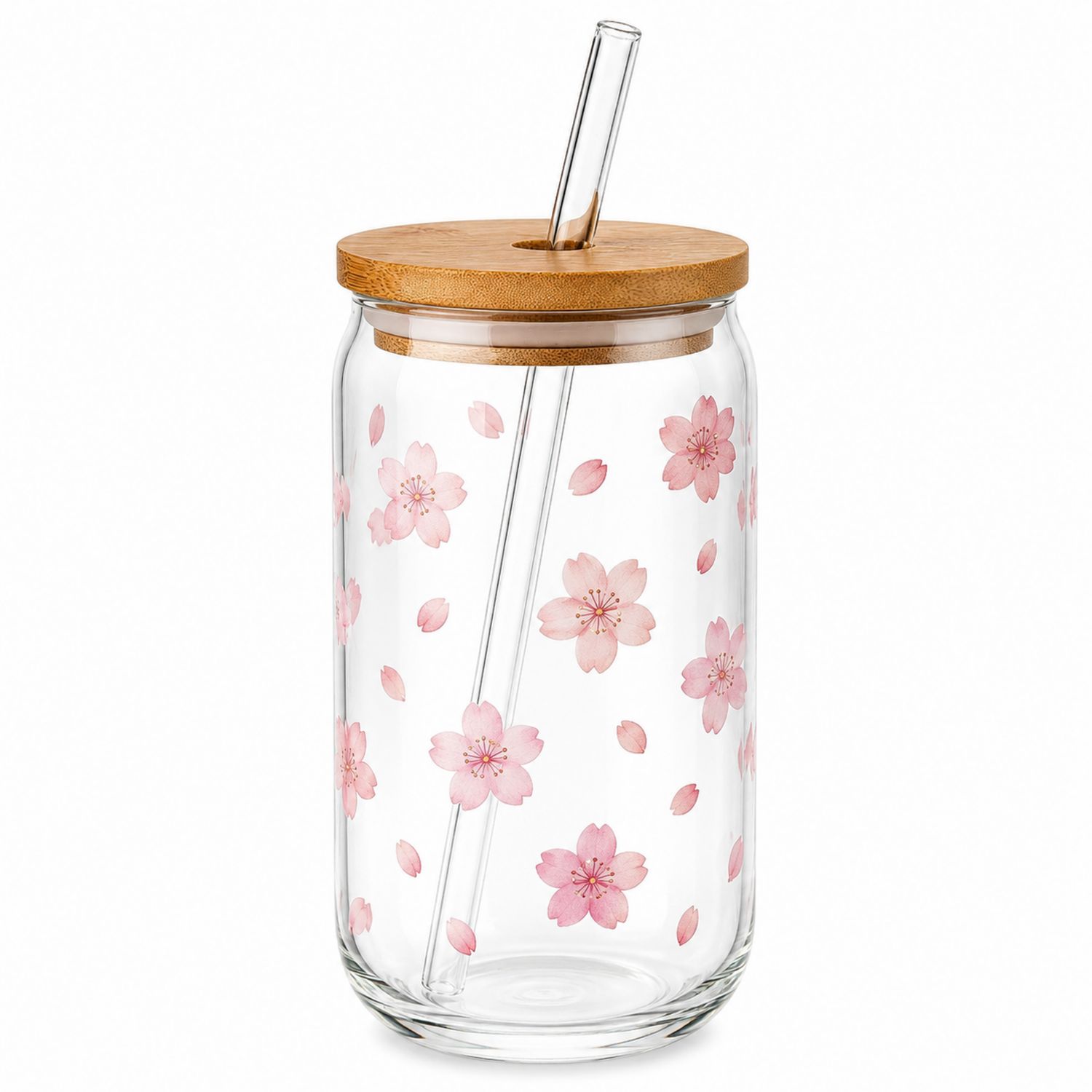 Verre à Paille avec Couvercle en Bambou Motif Fleurs de Cerisier 500ml-Domellocasa