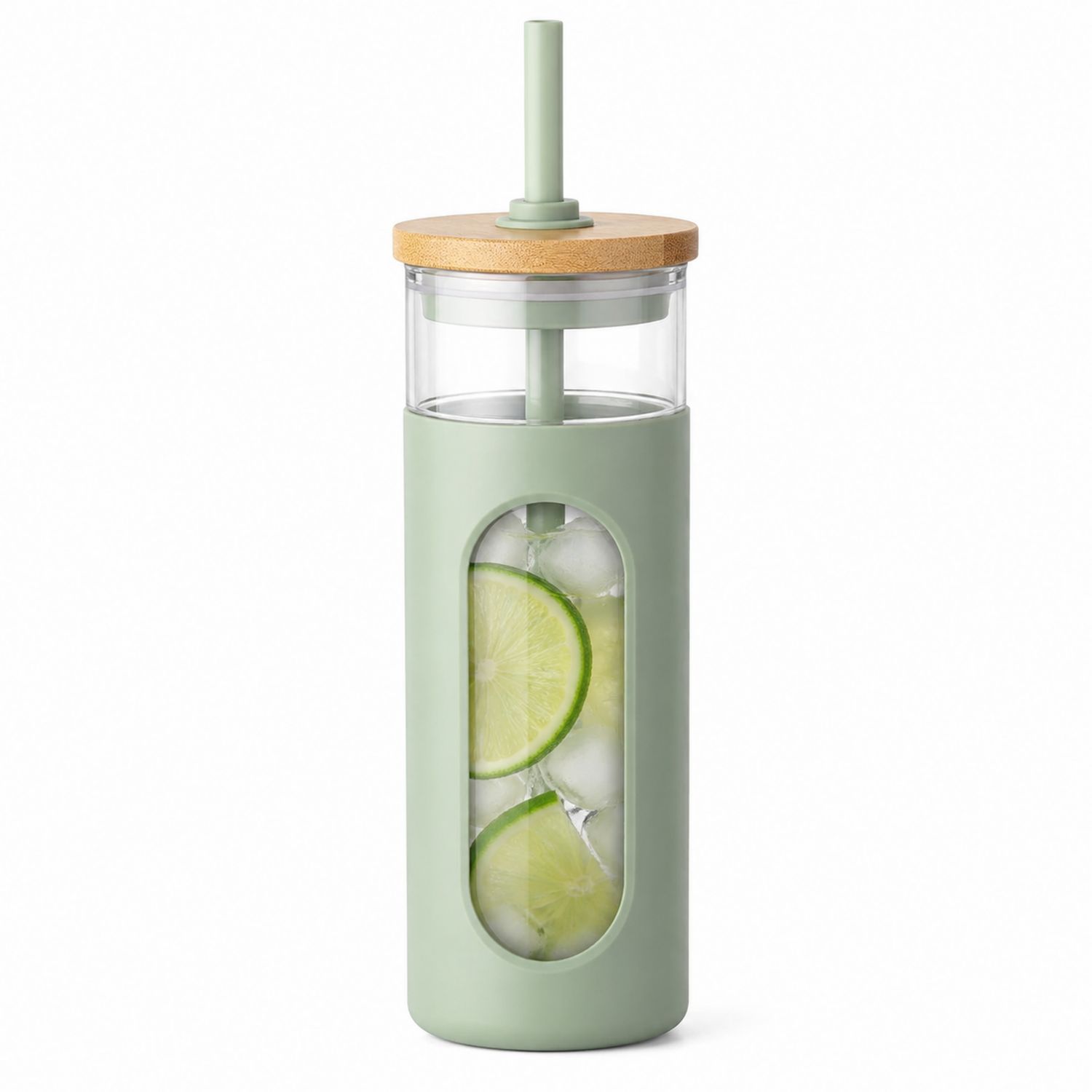 Tasse en verre avec paille et couvercle en bambou vert 450 ml-Domellocasa