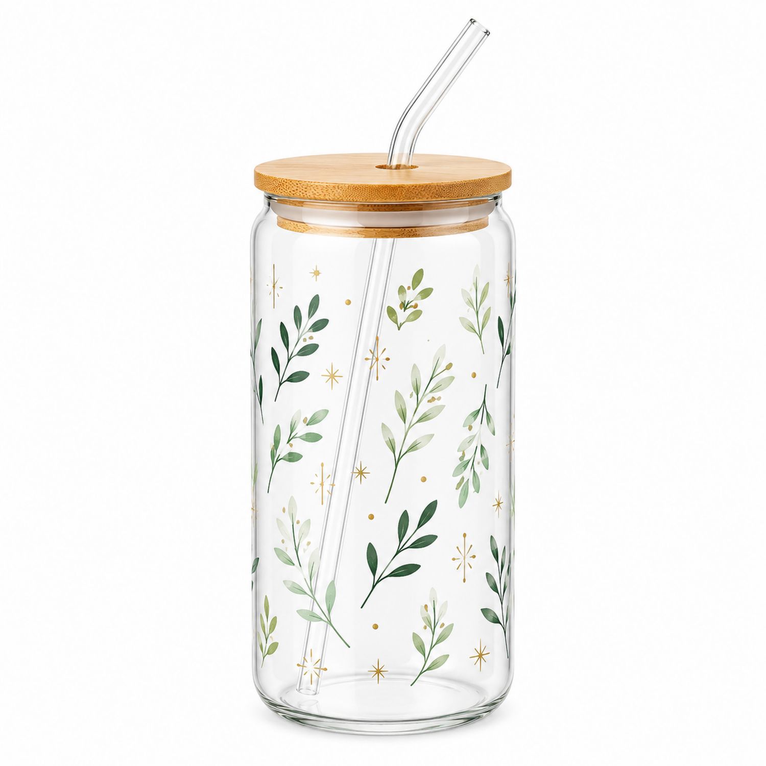 Tasse en verre 500 ml avec couvercle en bambou et paille motif végétal-Domellocasa