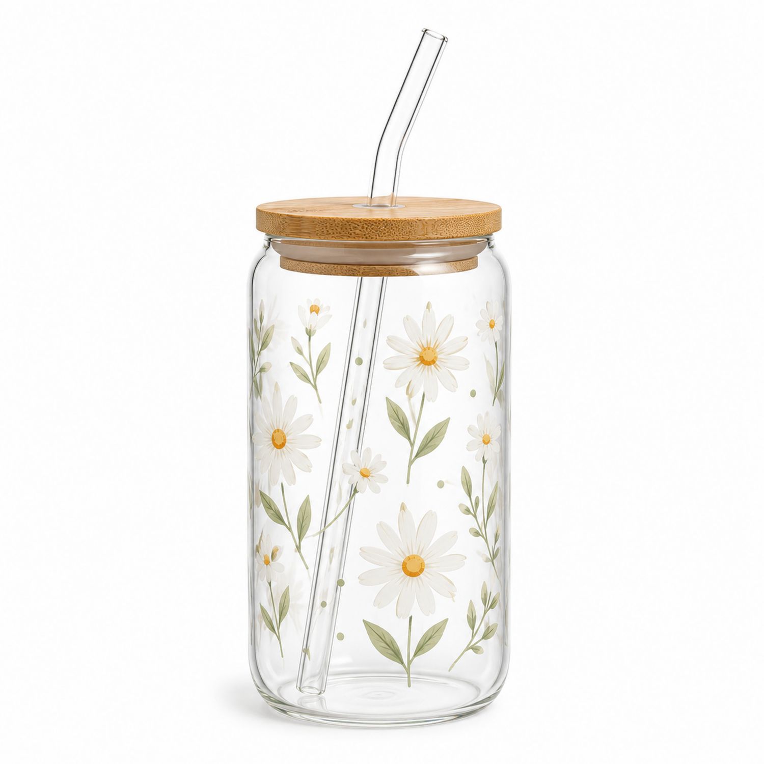 Bocal en verre avec paille et couvercle en bambou marguerites 500ml-Domellocasa