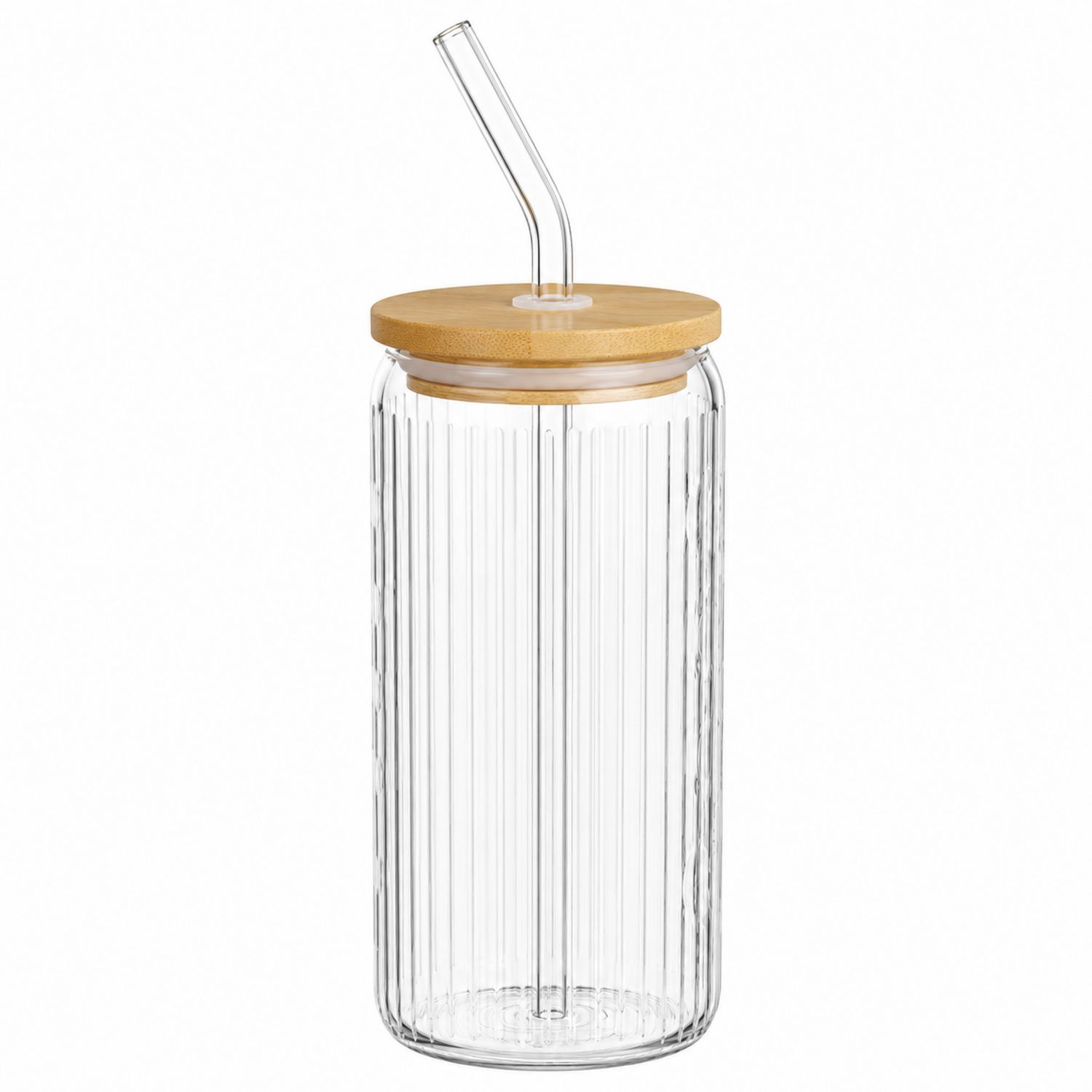 Bouteille en Verre Striée avec Couvercle en Bambou et Paille - 500 ml-Domellocasa