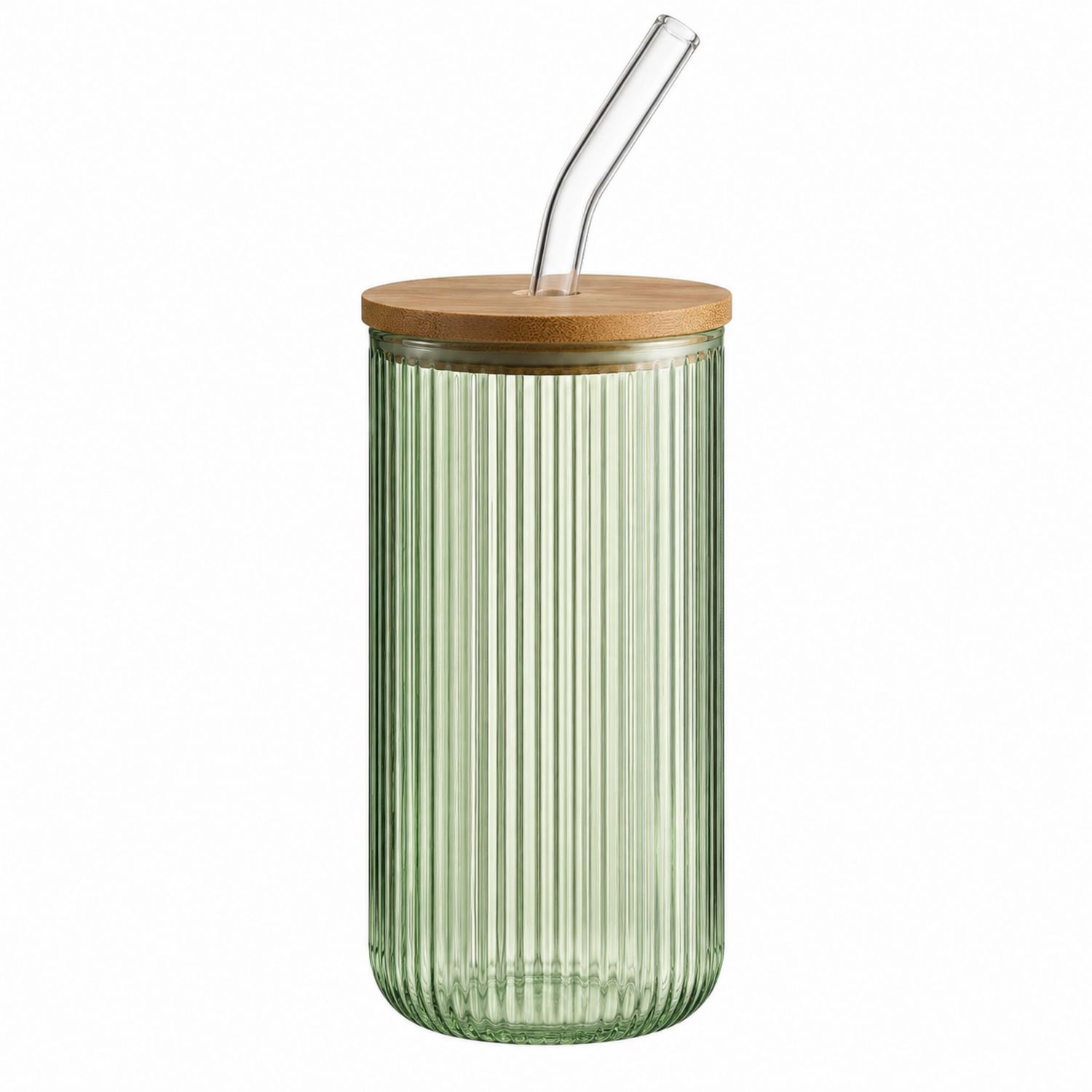 Verre cannelé vert avec couvercle en bambou et paille-Domellocasa