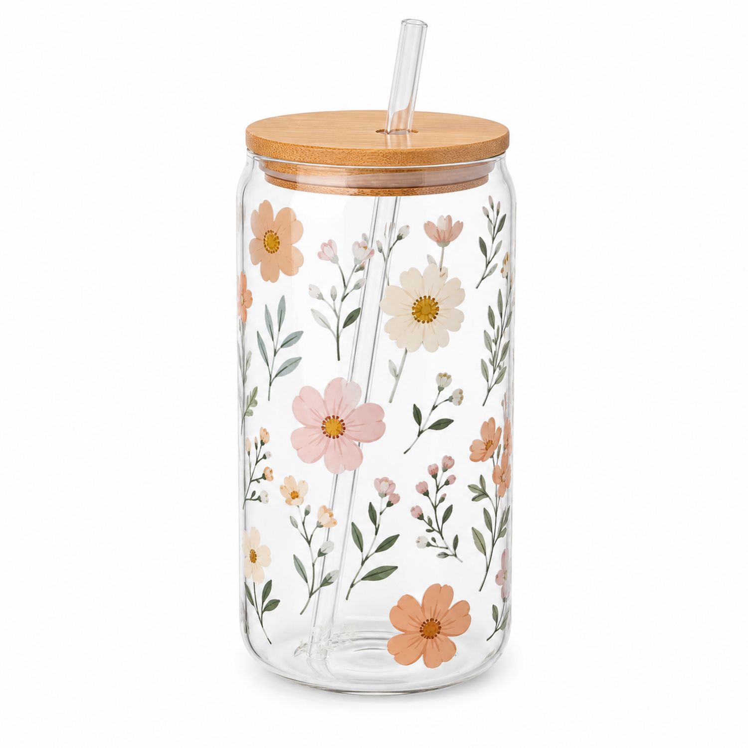 Tasse en Verre Transparente à Motif Floral avec Couvercle en Bambou et Paille-Domellocasa