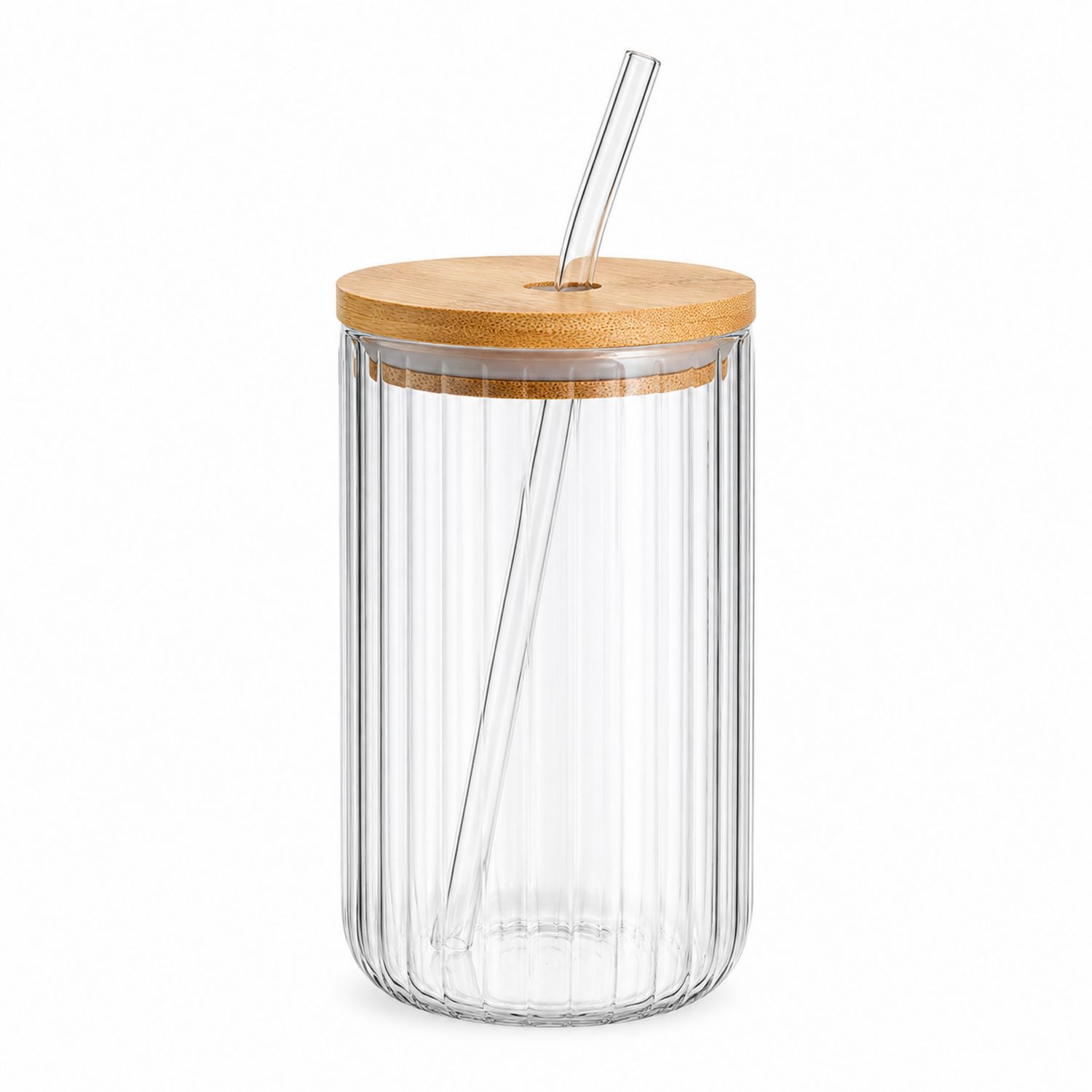 Gobelet en verre transparent avec couvercle en bambou et paille intégrée-Domellocasa