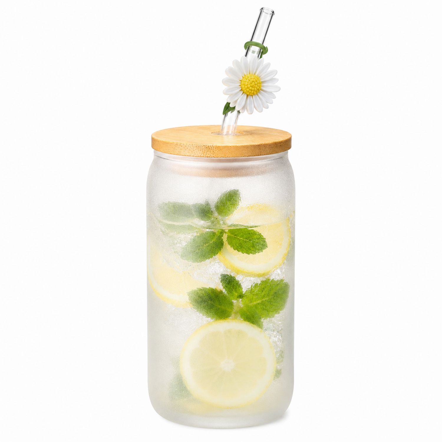 Bocal Mason en Verre Givré avec Couvercle en Bambou et Paille Florale-Domellocasa