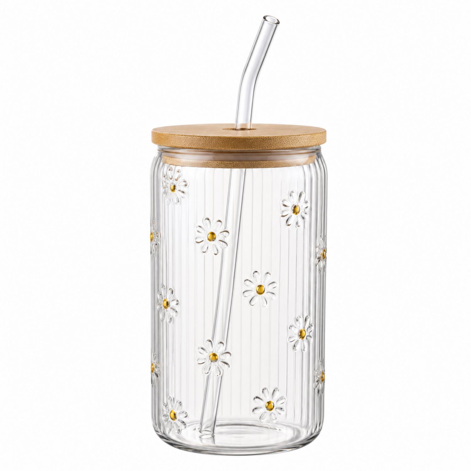 Bouteille en Verre Transparente avec Motifs Floraux, Couvercle en Bambou et Paille-Domellocasa