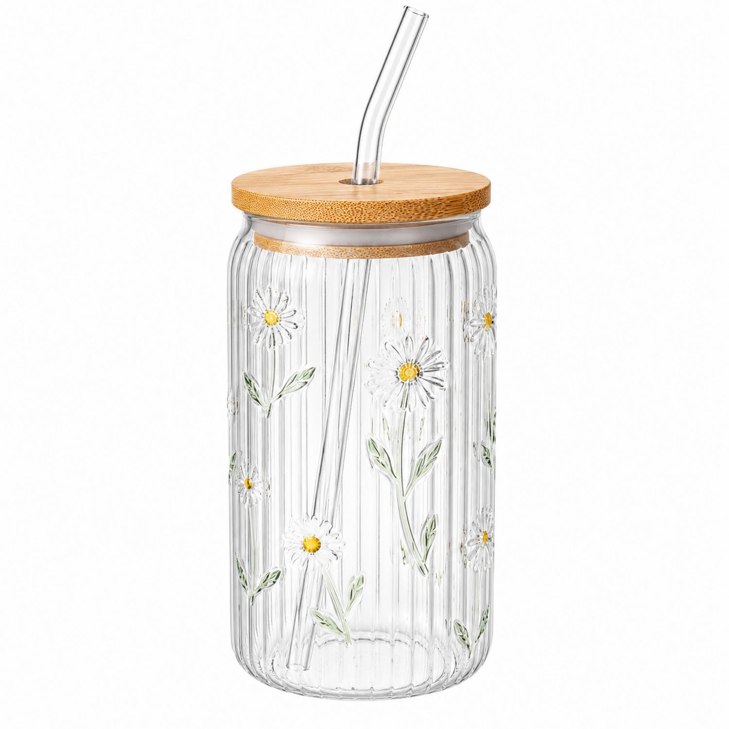 Tasse à paille en verre avec couvercle en bambou 500ml-Domellocasa