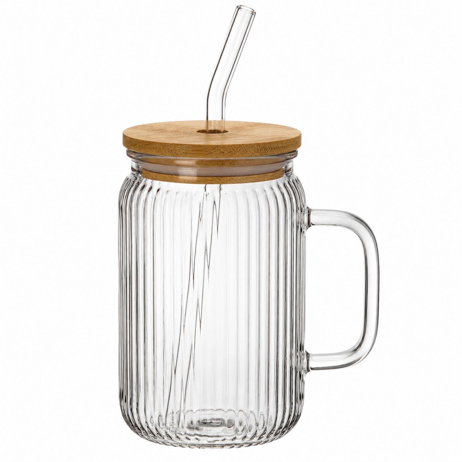 Tasse en Verre avec Couvercle Bambou et Paille 450ml - Transparent-Domellocasa