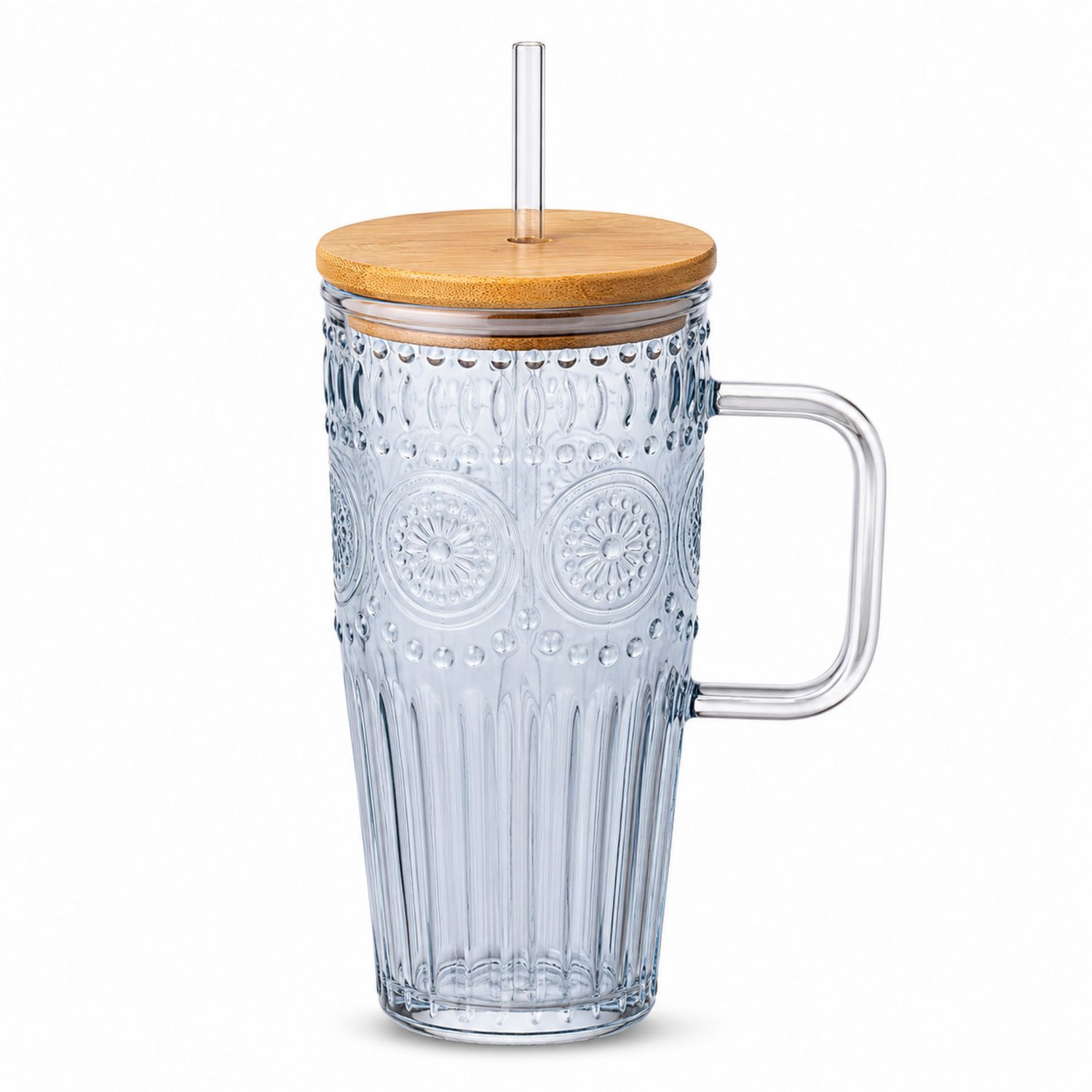 Tasse en verre transparent avec couvercle en bambou et paille - 500ml-Domellocasa
