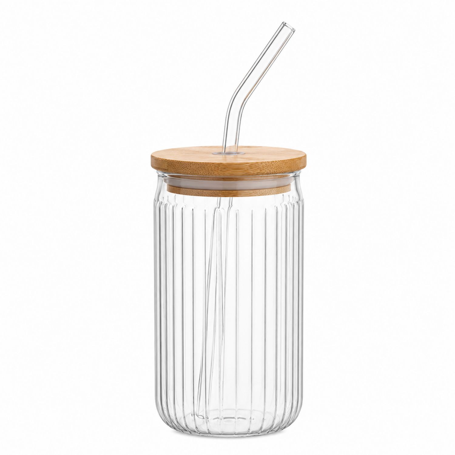 Gobelet en Verre Cannelé avec Couvercle en Bambou et Paille Réutilisable - 500ml-Domellocasa