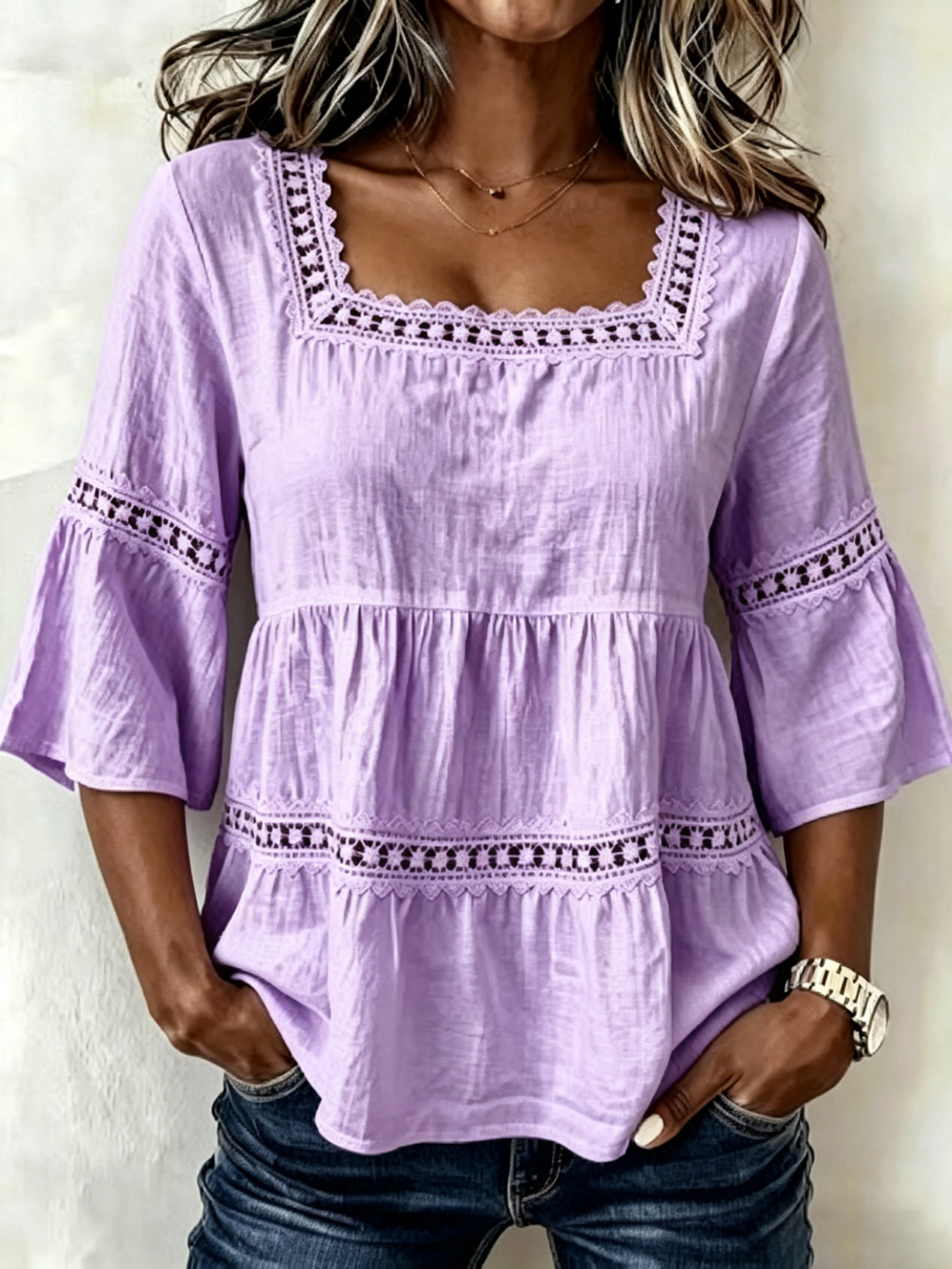 OANVOR Summer Solid Color Casual Square Neck Cotton Linen Lace Trim Three-Quarter Short Sleeve Top for Women